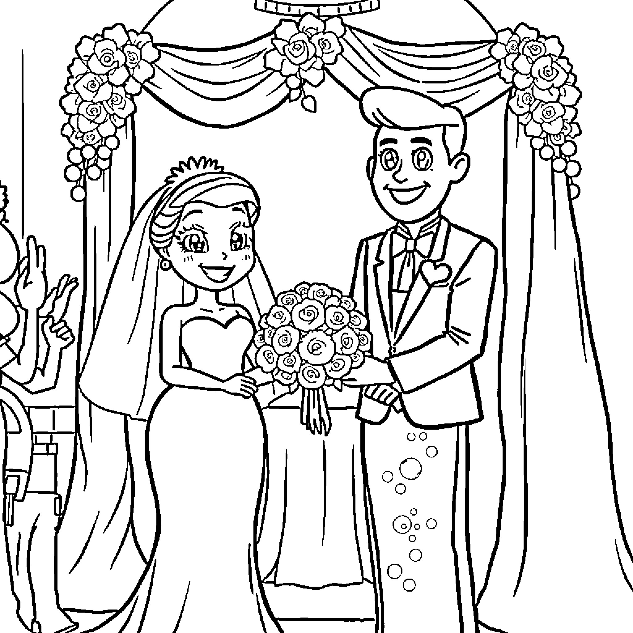 Bluey's Joyous Wedding Celebration Coloring Page (free black-and-white line drawing printable PDF for all, from beginners to advanced learners, including children, teens, adults, and seniors)