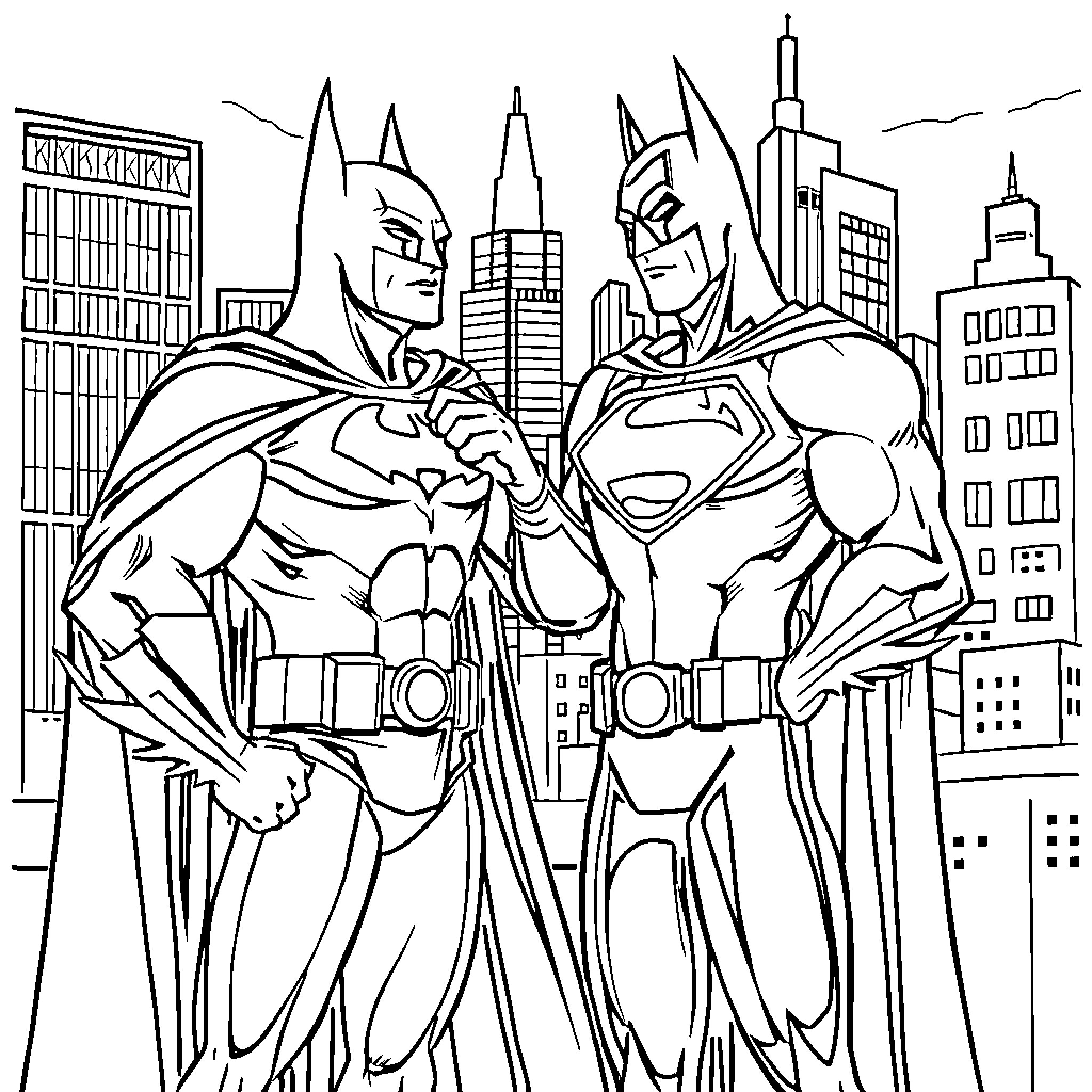 Batman and his sidekick protecting the city Coloring Page (free black-and-white line drawing printable PDF for all, from beginners to advanced learners, including children, teens, adults, and seniors)