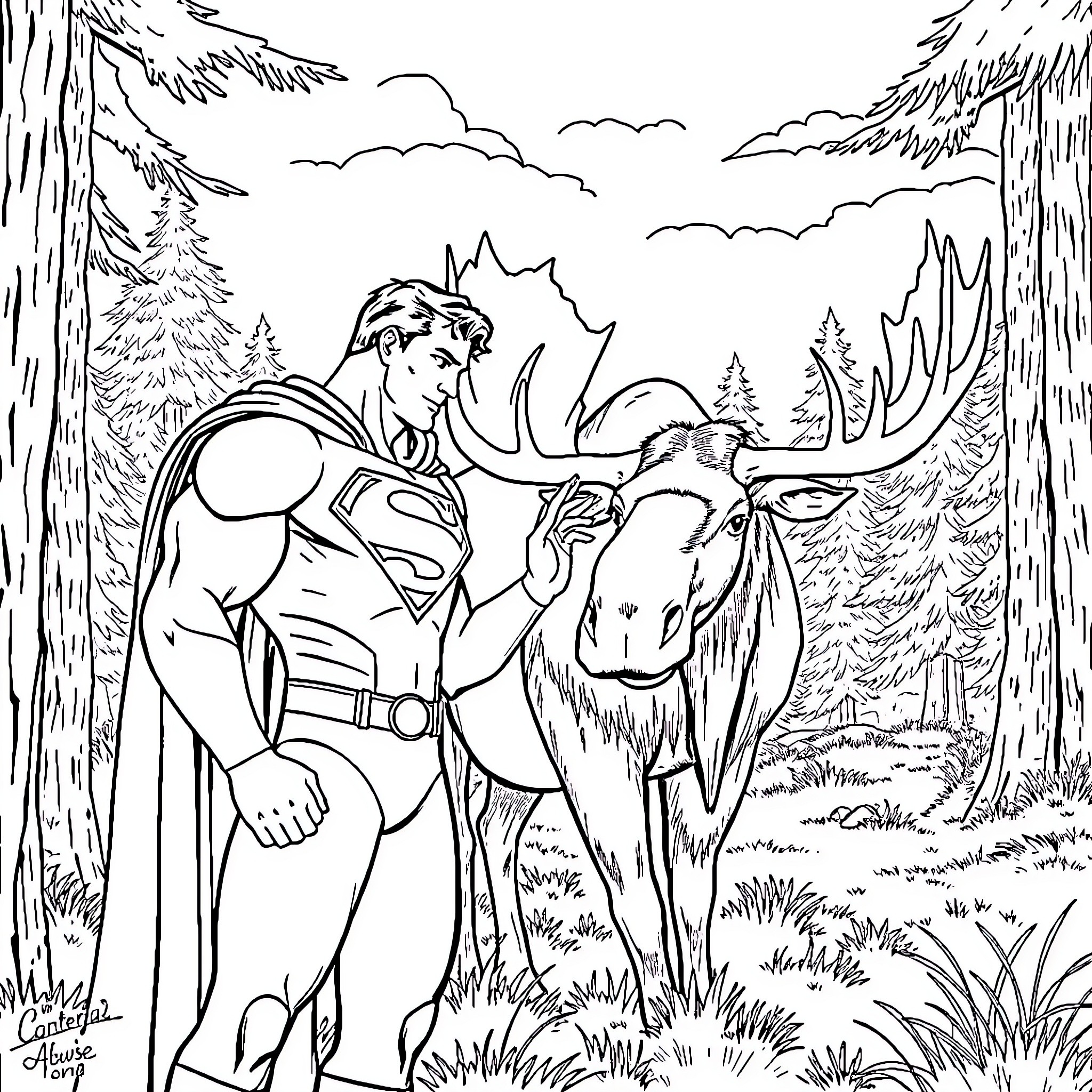 Superman helping a friendly creature in the wilderness Coloring Page (free black-and-white line drawing printable PDF for all, from beginners to advanced learners, including children, teens, adults, and seniors)
