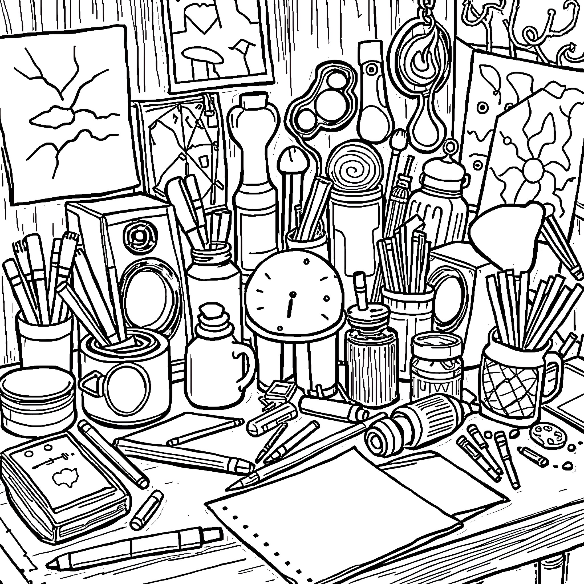 Thing with Artistic Tools and Supplies Coloring Page (free black-and-white line drawing printable PDF for all, from beginners to advanced learners, including children, teens, adults, and seniors)