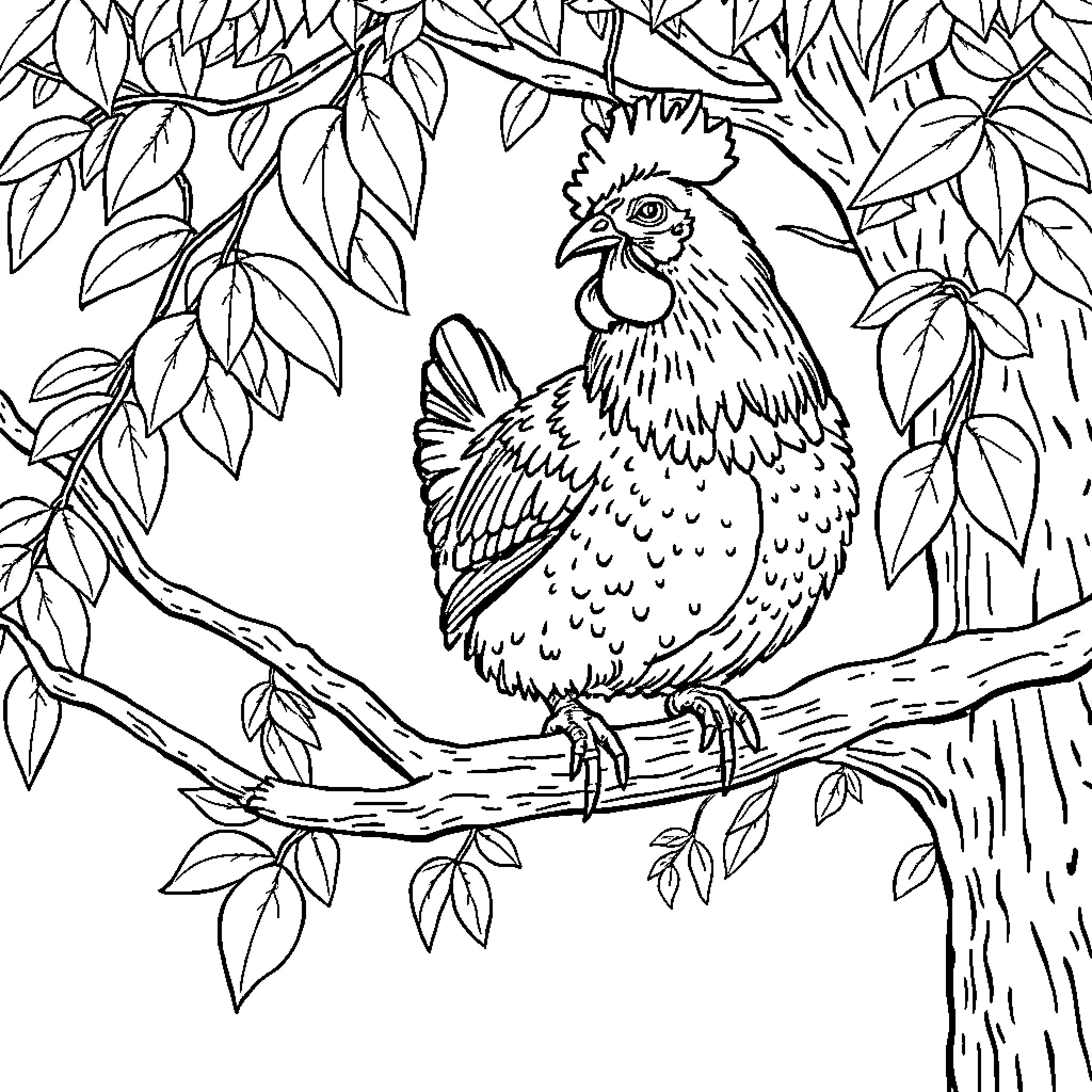 Chicken resting peacefully in the lush foliage Coloring Page (free black-and-white line drawing printable PDF for all, from beginners to advanced learners, including children, teens, adults, and seniors)