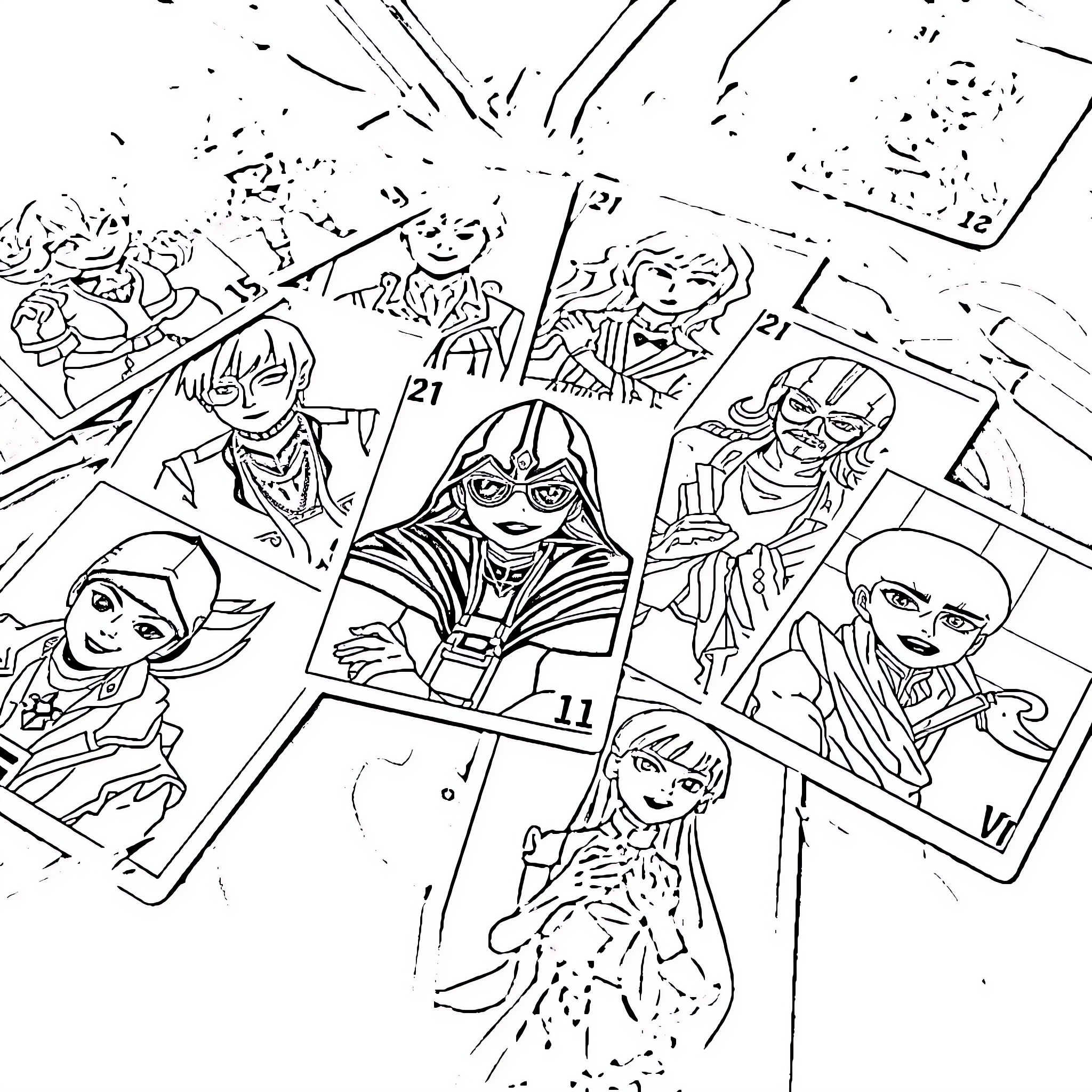 BT21 Characters in Animated Comic Book Panels Coloring Page (free black-and-white line drawing printable PDF for all, from beginners to advanced learners, including children, teens, adults, and seniors)