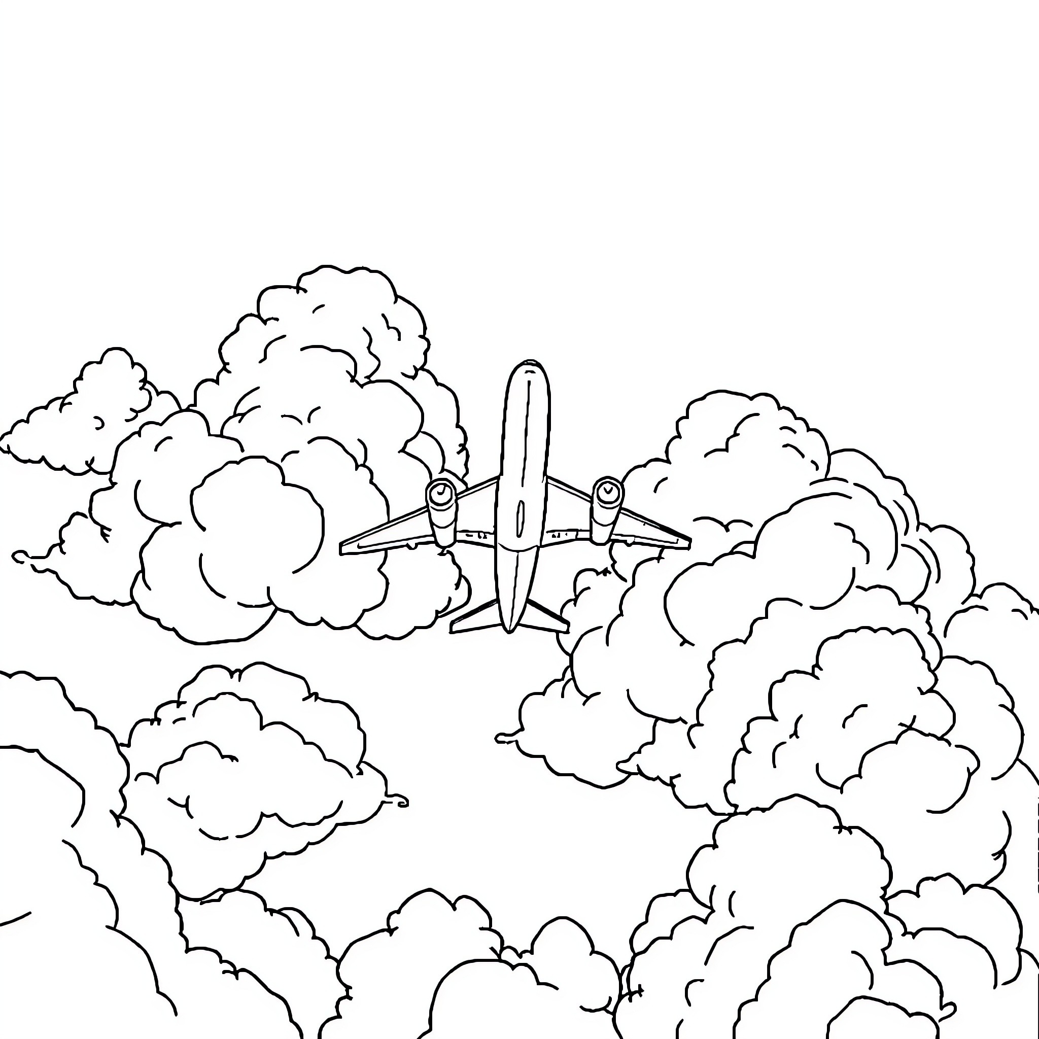 Aeroplane soaring through cloudy skies Coloring Page (free black-and-white line drawing printable PDF for all, from beginners to advanced learners, including children, teens, adults, and seniors)