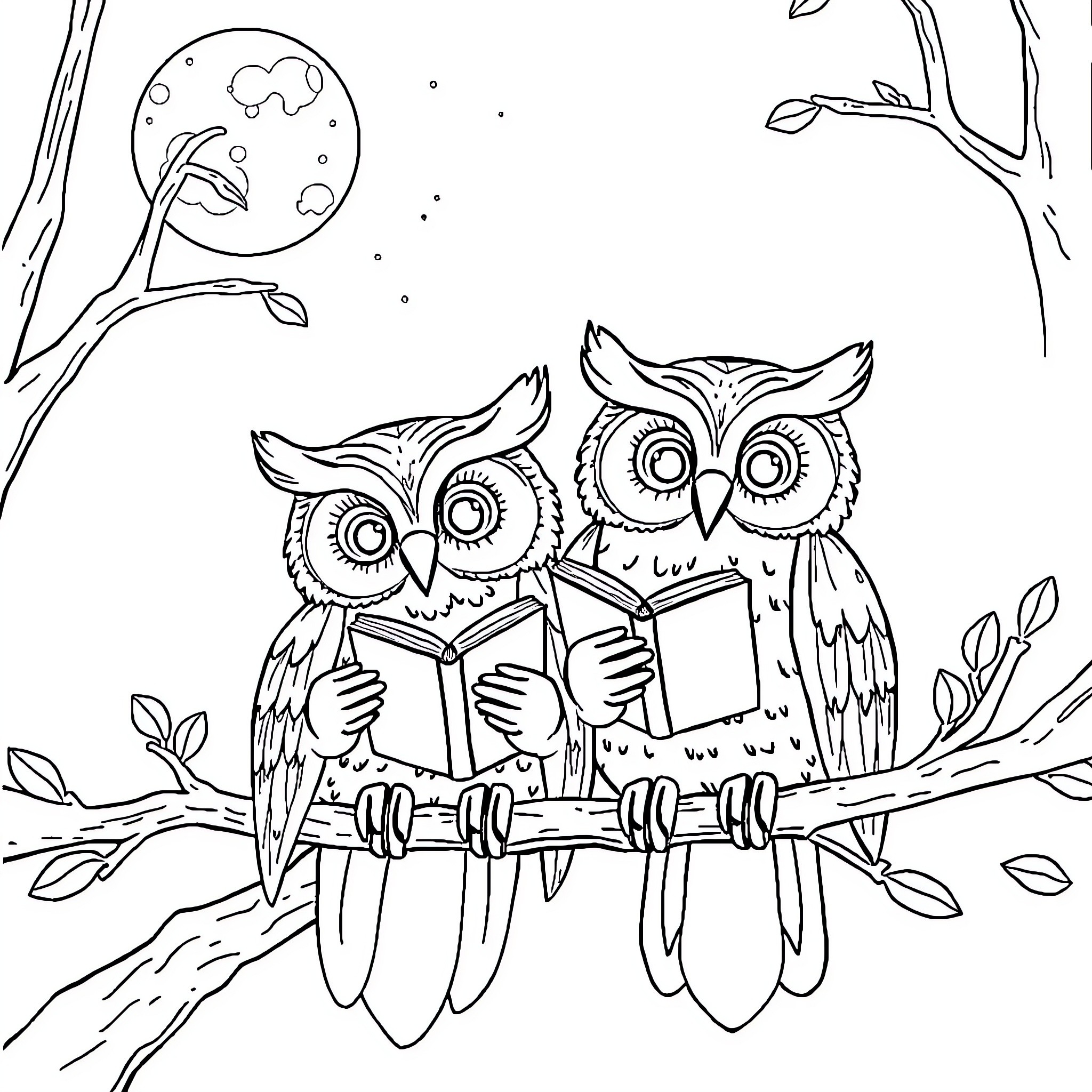 Owl reading books under the moonlight Coloring Page (free black-and-white line drawing printable PDF for all, from beginners to advanced learners, including children, teens, adults, and seniors)
