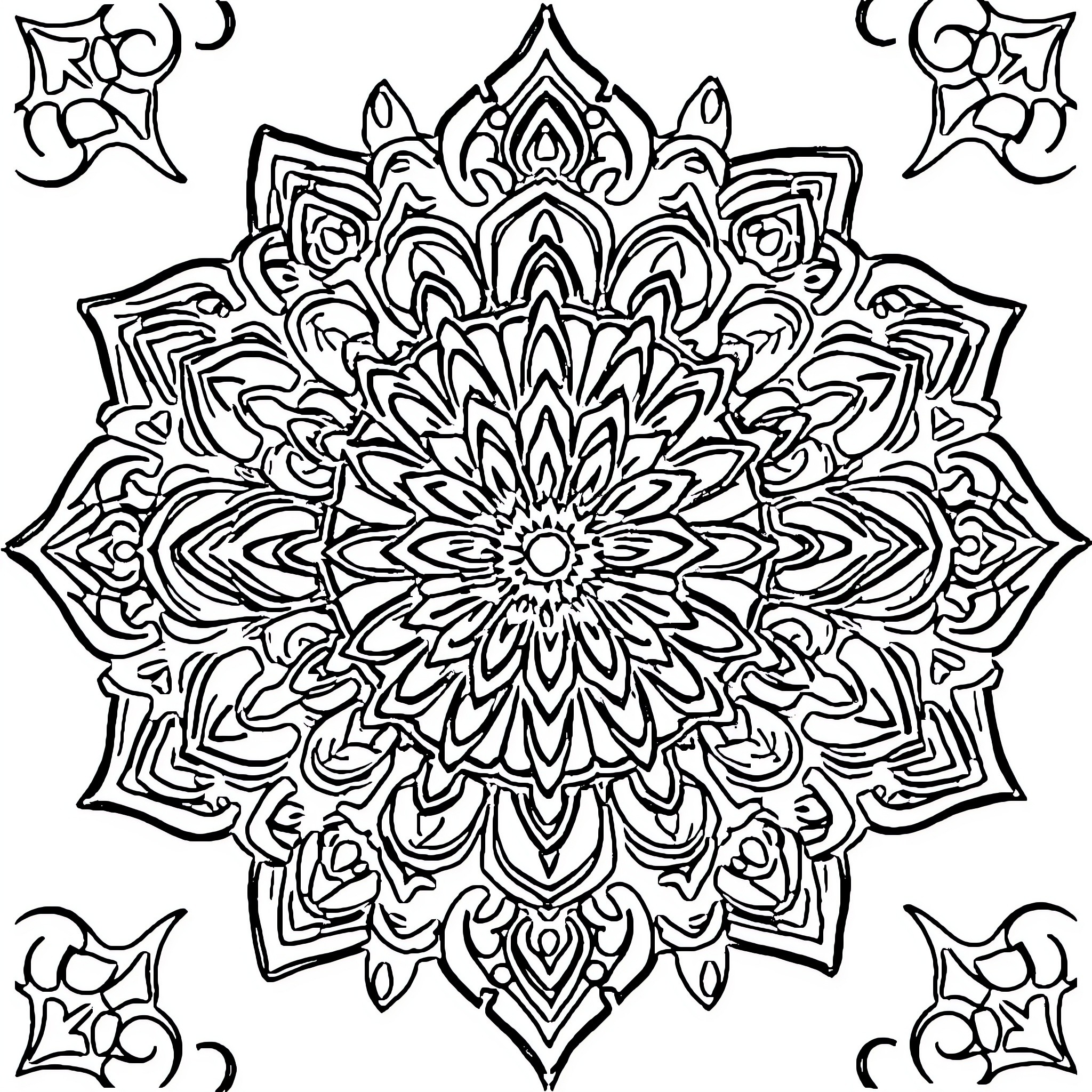 Mandalas of intricate floral designs and patterns Coloring Page (free black-and-white line drawing printable PDF for all, from beginners to advanced learners, including children, teens, adults, and seniors)