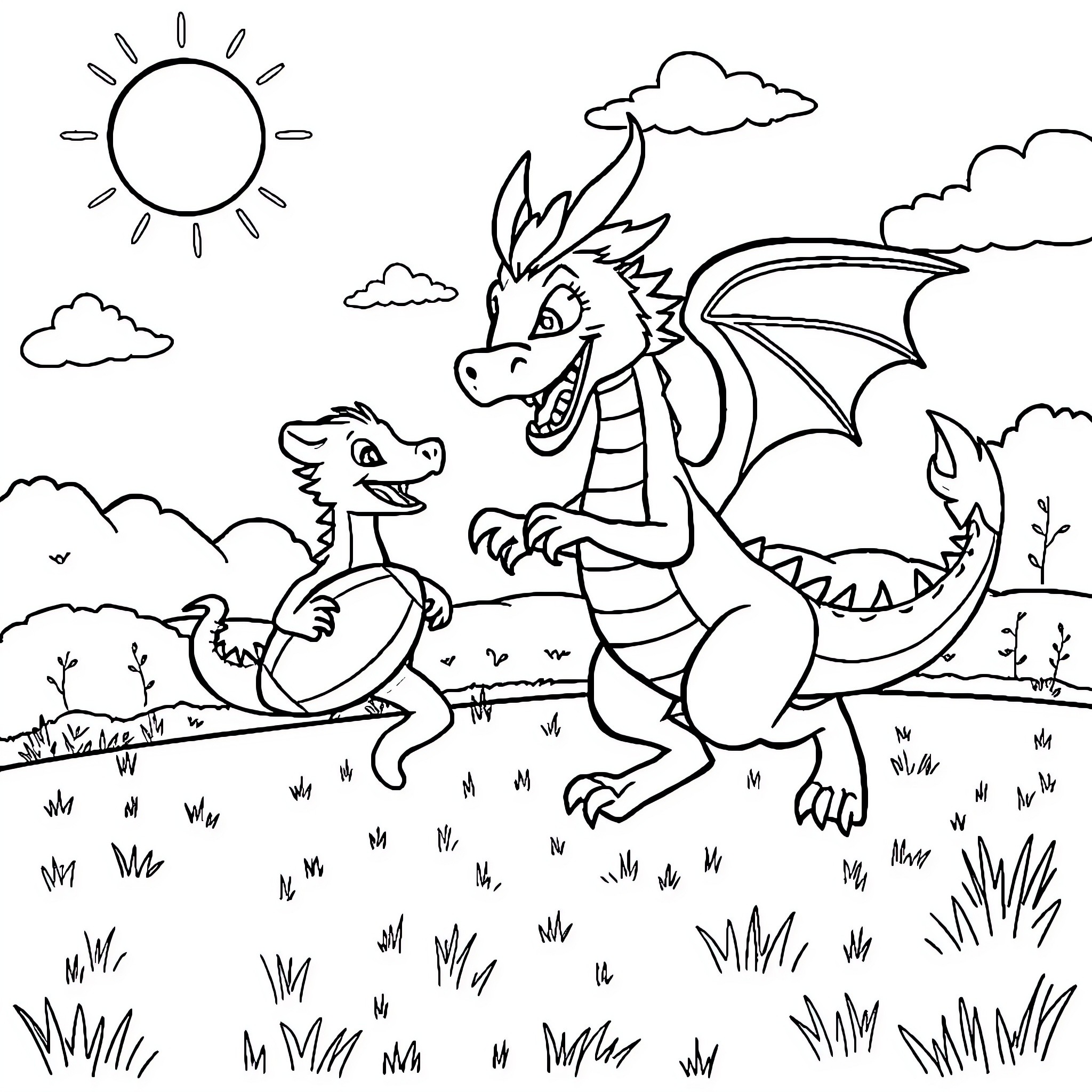 Dragon duo exploring outdoor adventure Coloring Page (free black-and-white line drawing printable PDF for all, from beginners to advanced learners, including children, teens, adults, and seniors)