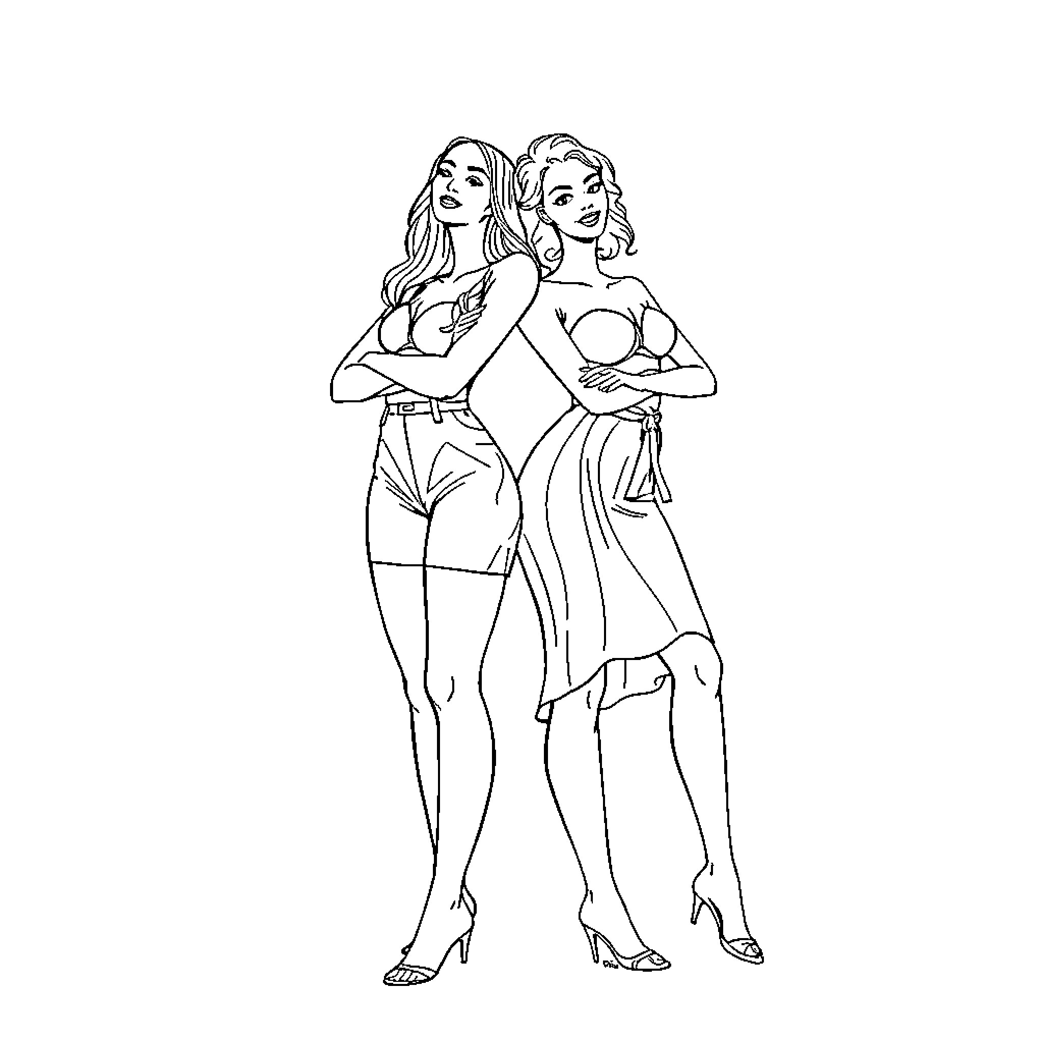 Woman posing confidently with another woman Coloring Page (free black-and-white line drawing printable PDF for all, from beginners to advanced learners, including children, teens, adults, and seniors)