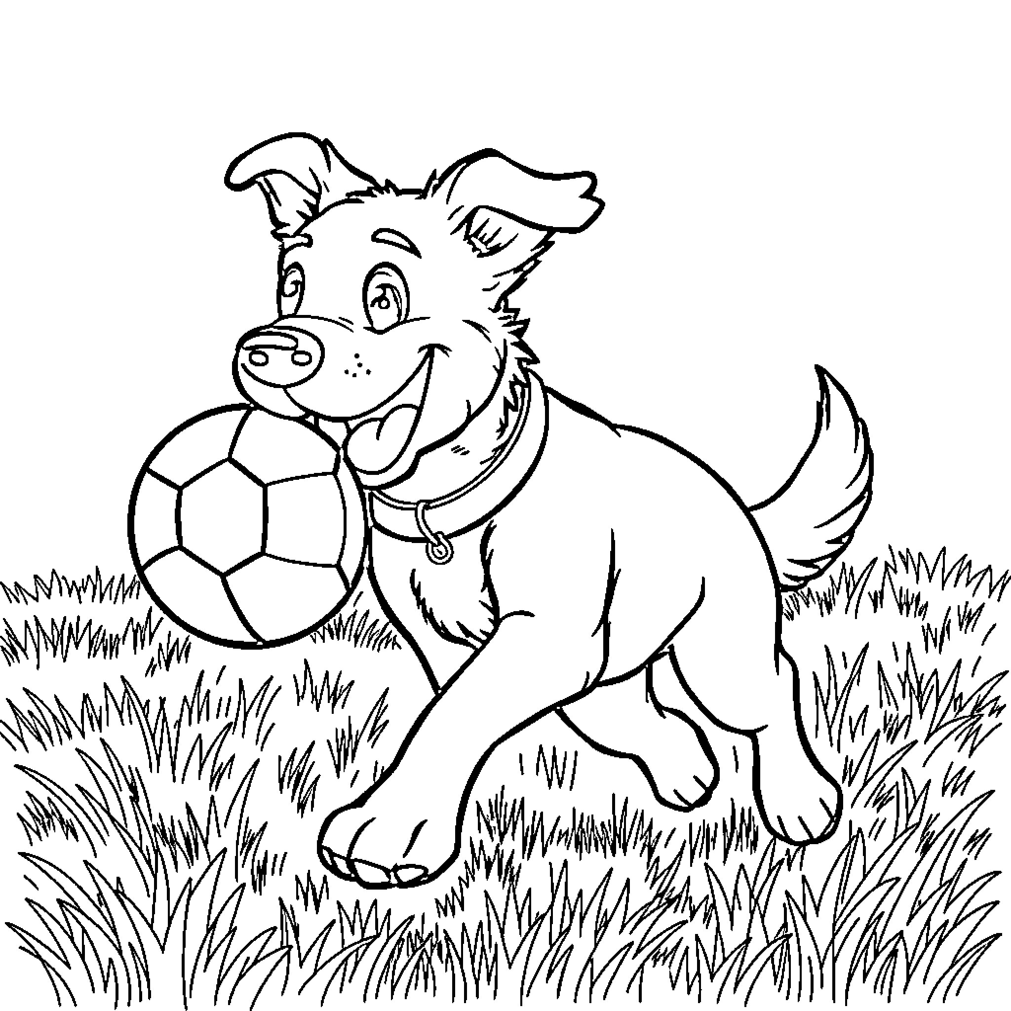 Dog playing happily with soccer ball in the grass Coloring Page (free black-and-white line drawing printable PDF for all, from beginners to advanced learners, including children, teens, adults, and seniors)