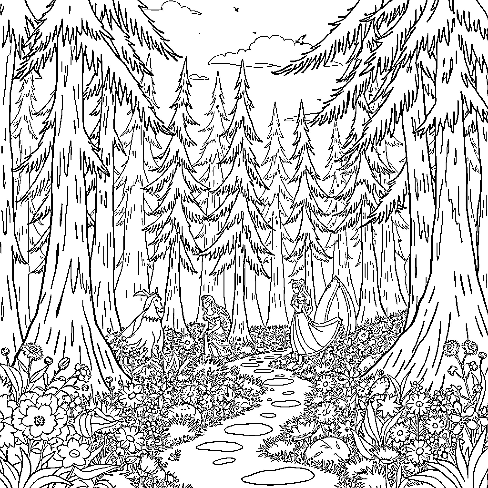 Princess Journeying Through a Whimsical Forest Coloring Page (free black-and-white line drawing printable PDF for all, from beginners to advanced learners, including children, teens, adults, and seniors)