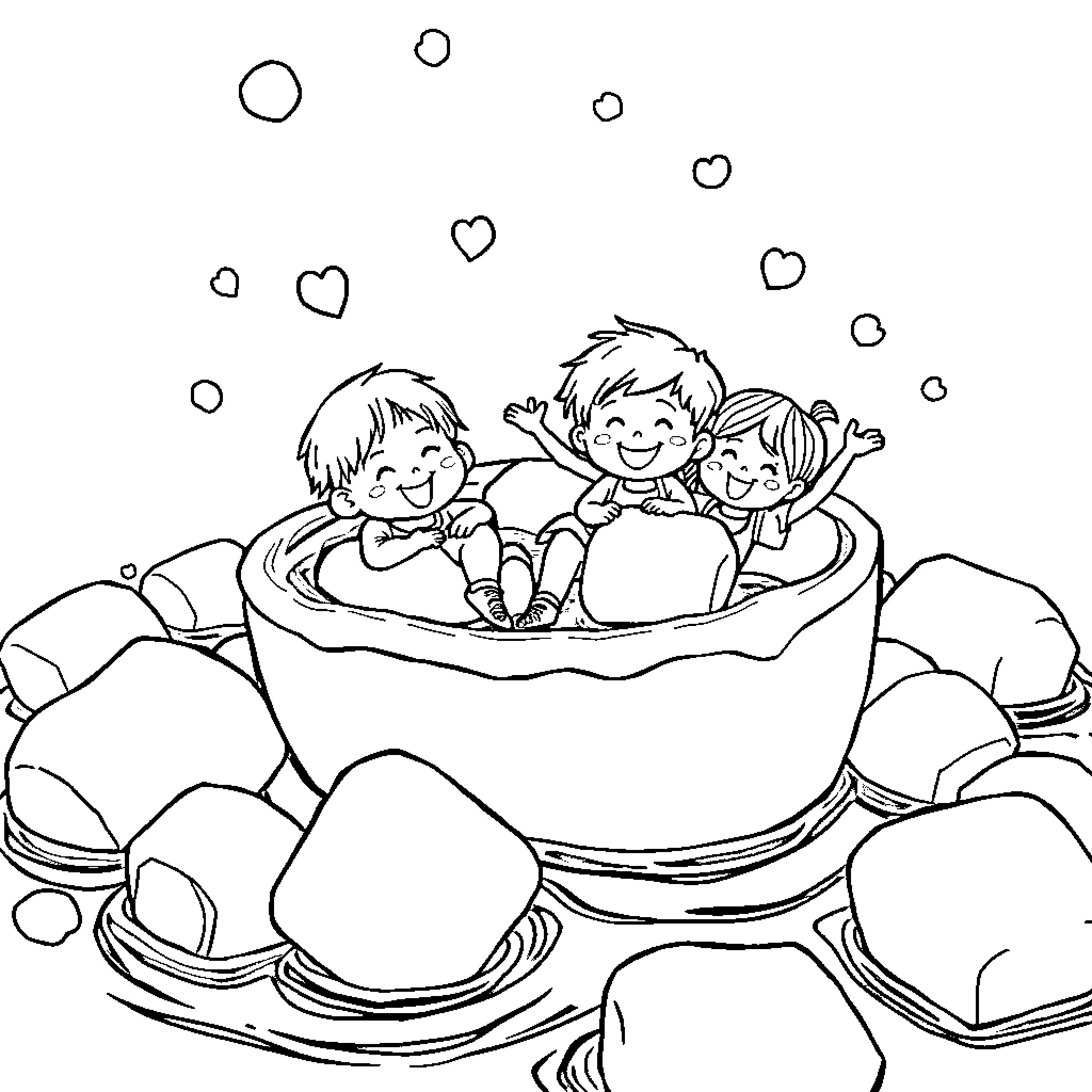 Children playing happily in a bowl Coloring Page (free black-and-white line drawing printable PDF for all, from beginners to advanced learners, including children, teens, adults, and seniors)
