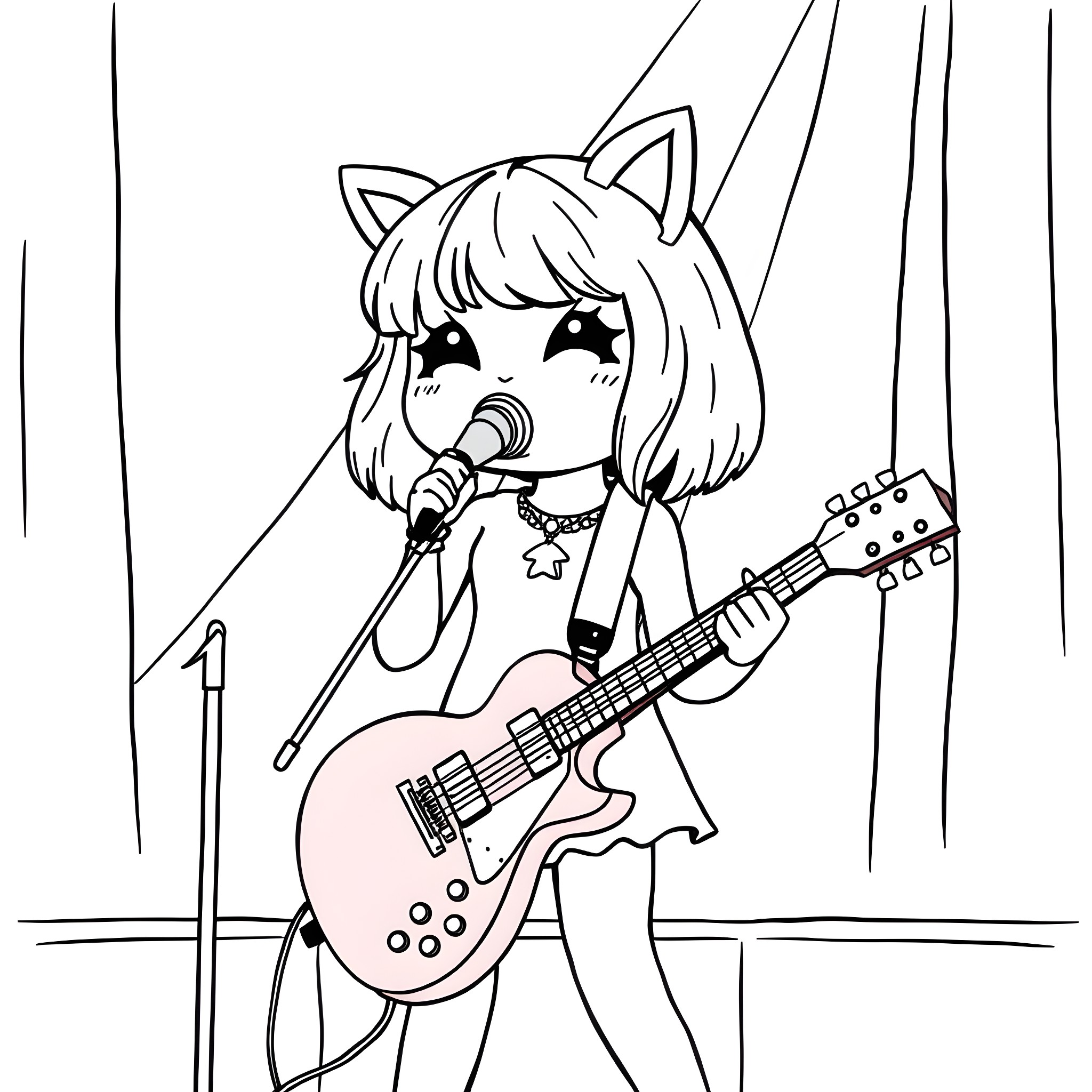 Labubu rocking out on stage with electric guitar Coloring Page (free black-and-white line drawing printable PDF for all, from beginners to advanced learners, including children, teens, adults, and seniors)