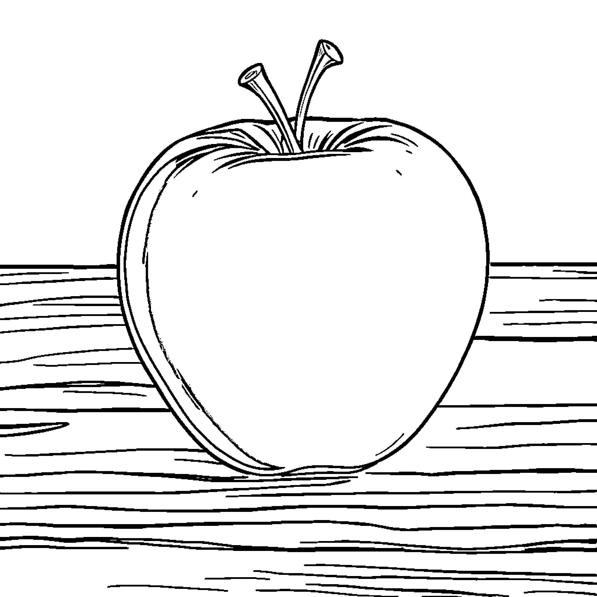 Apple on a Wooden Surface Coloring Page (free black-and-white line drawing printable PDF for all, from beginners to advanced learners, including children, teens, adults, and seniors)