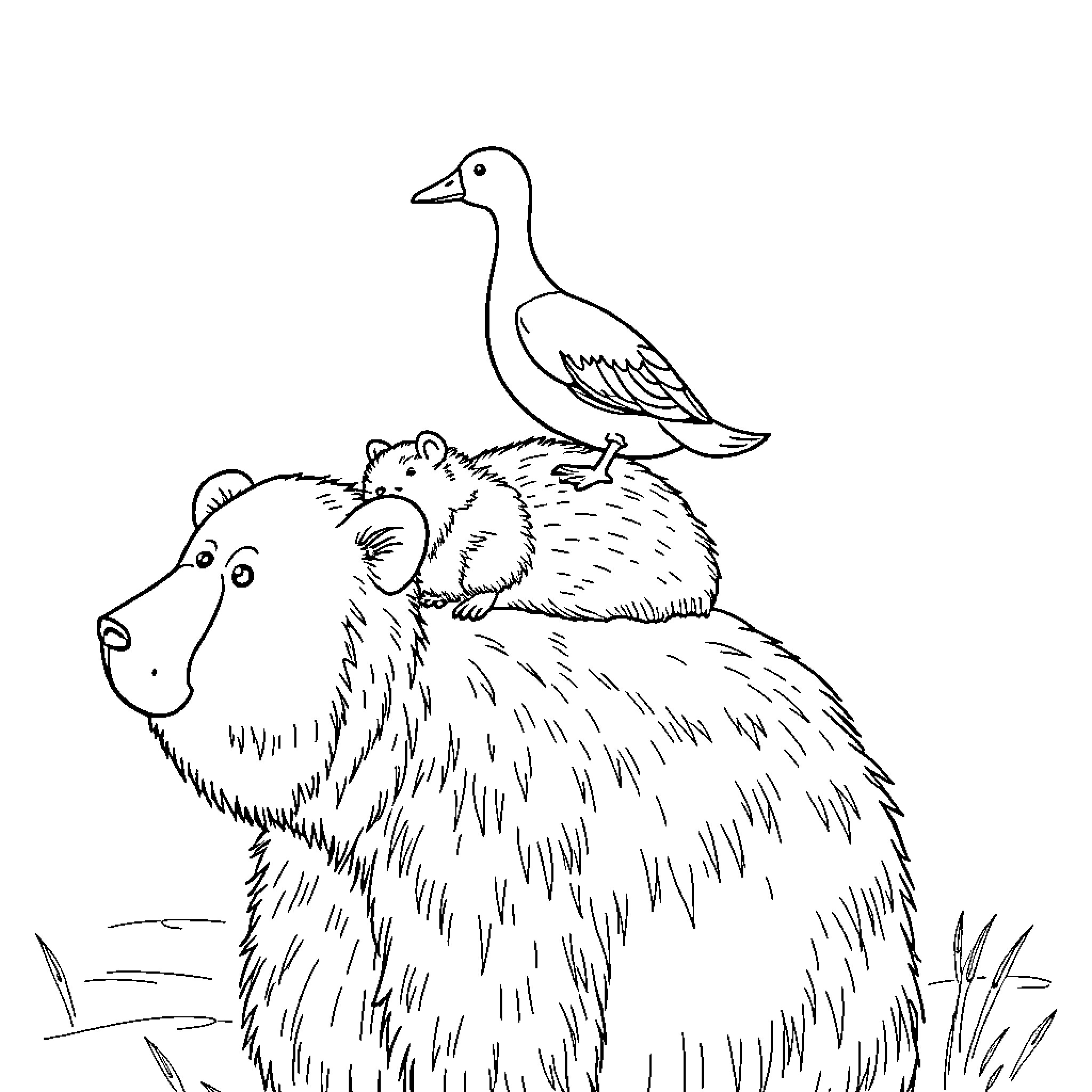 Duck resting atop a furry creature Coloring Page (free black-and-white line drawing printable PDF for all, from beginners to advanced learners, including children, teens, adults, and seniors)