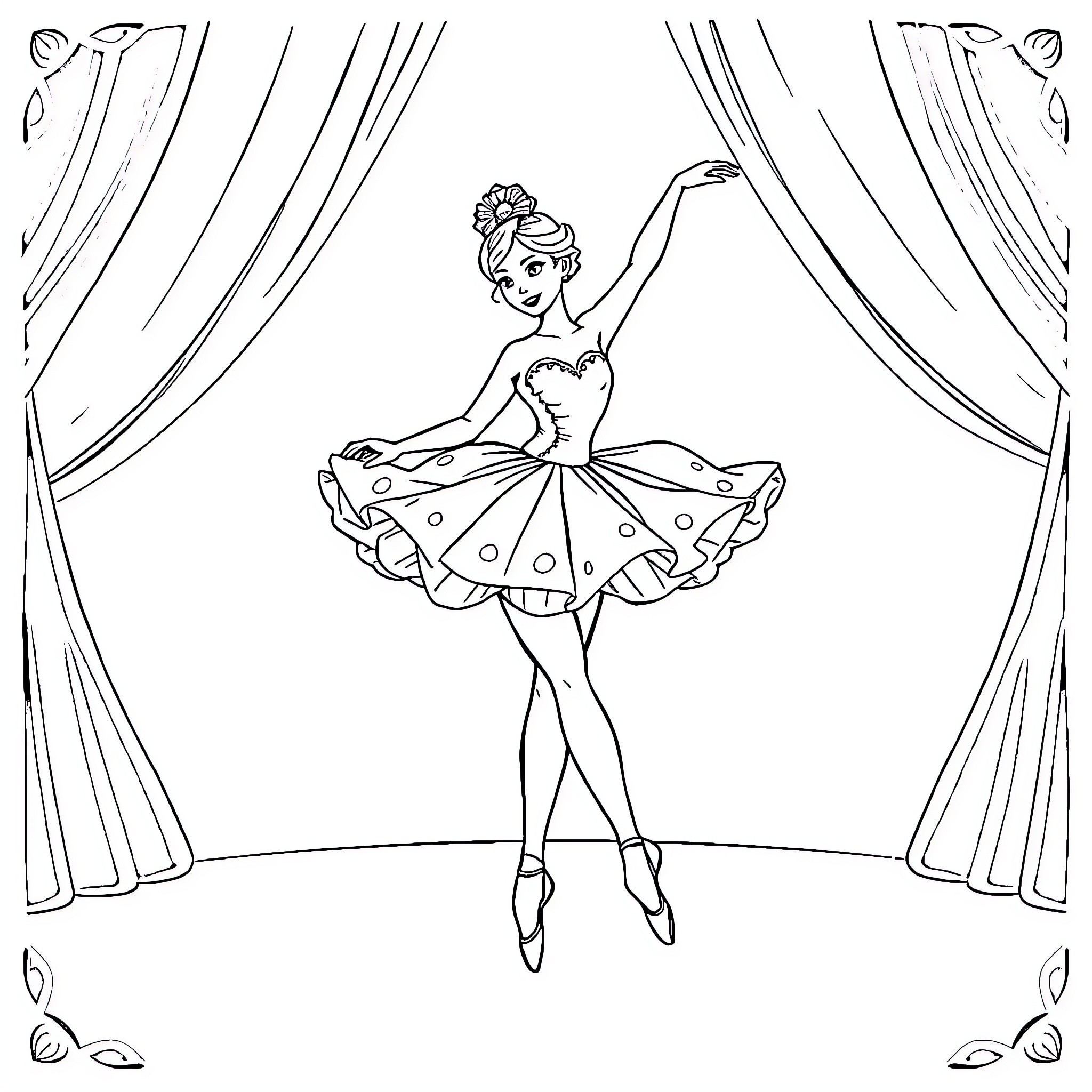 Ballerina gracefully performing on stage Coloring Page (free black-and-white line drawing printable PDF for all, from beginners to advanced learners, including children, teens, adults, and seniors)