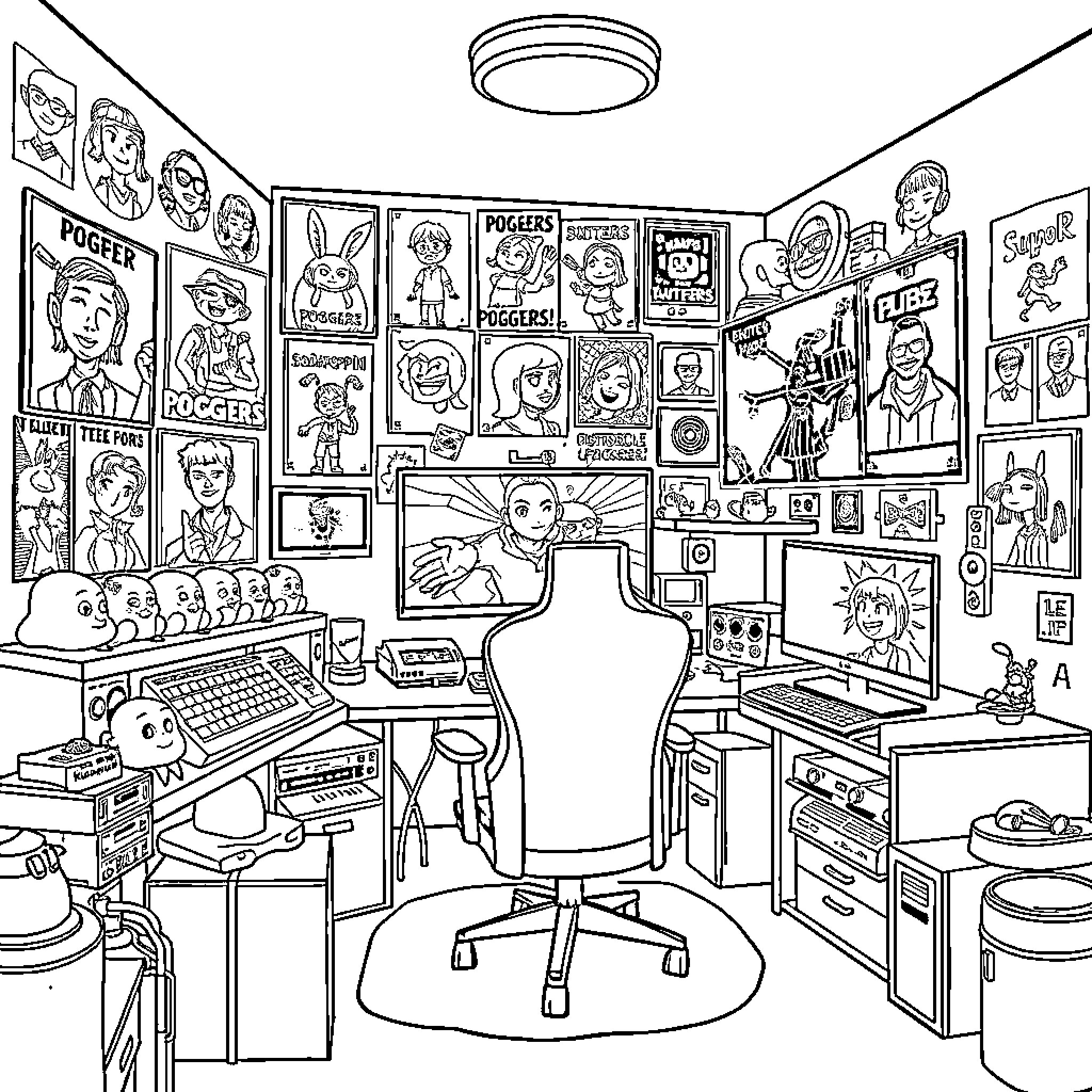 Twitch Streamer's Cozy Gaming Setup Coloring Page (free black-and-white line drawing printable PDF for all, from beginners to advanced learners, including children, teens, adults, and seniors)
