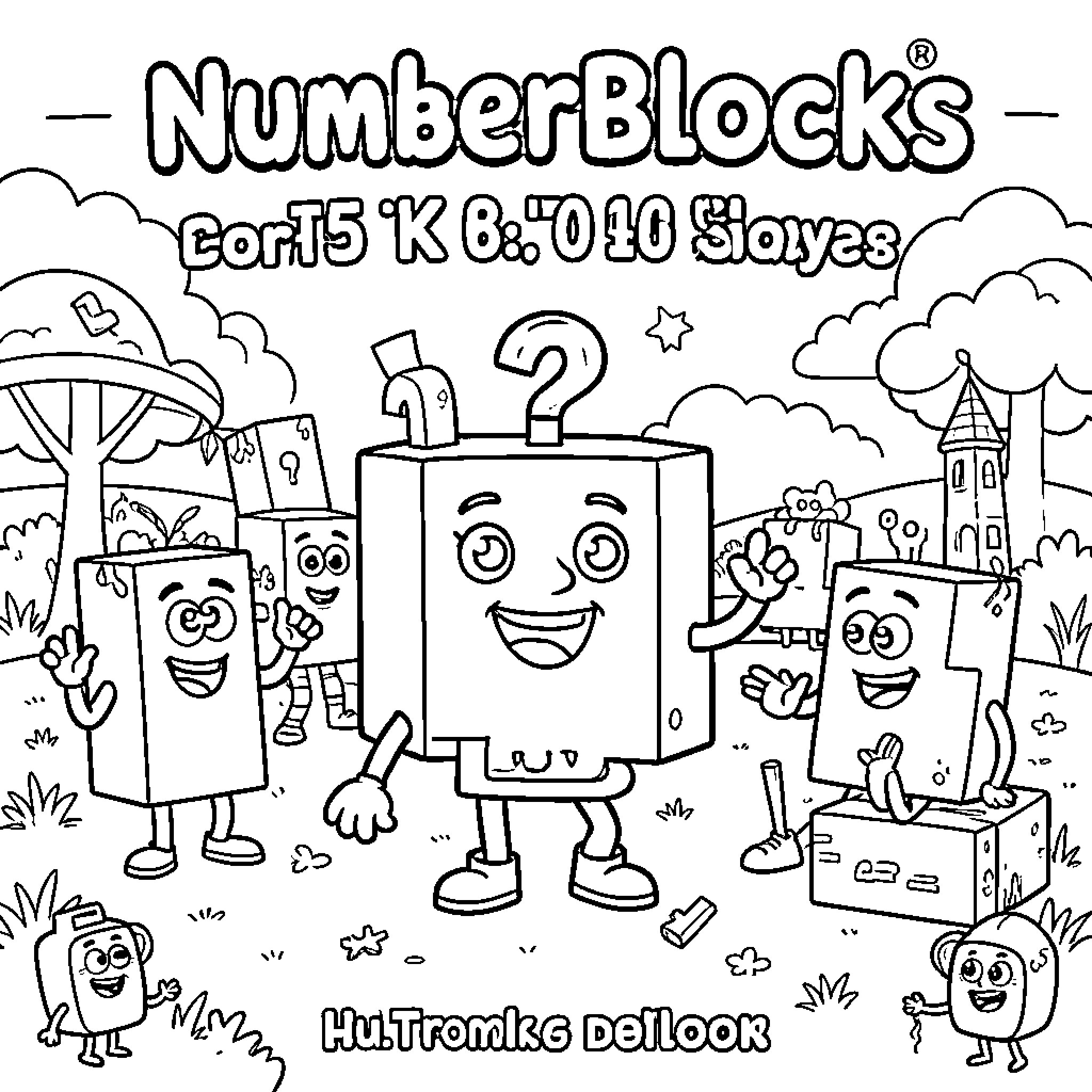 Numberblocks characters smiling and celebrating in a meadow Coloring Page (free black-and-white line drawing printable PDF for all, from beginners to advanced learners, including children, teens, adults, and seniors)