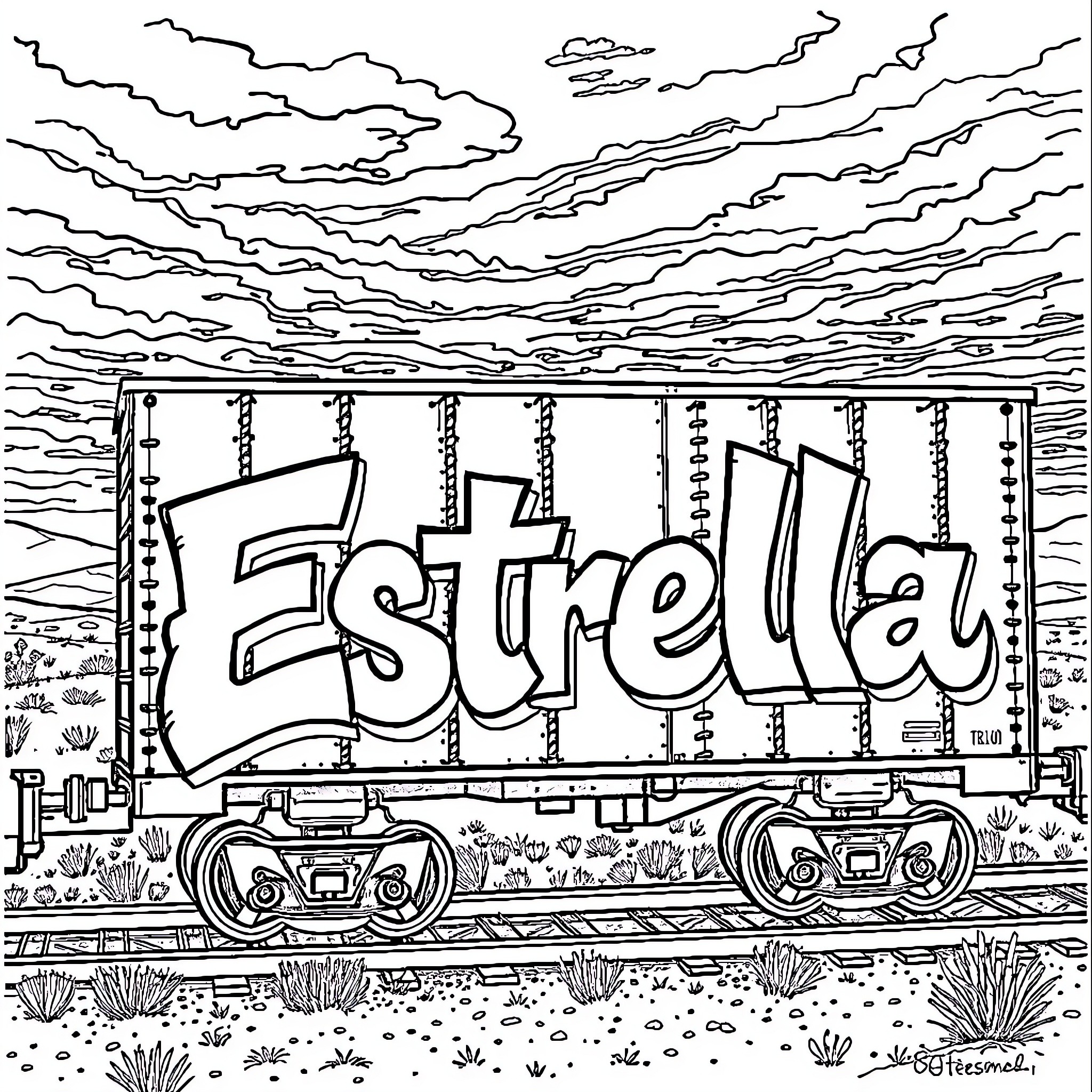 Estrella Train Travels Through Diverse Landscapes Coloring Page (free black-and-white line drawing printable PDF for all, from beginners to advanced learners, including children, teens, adults, and seniors)