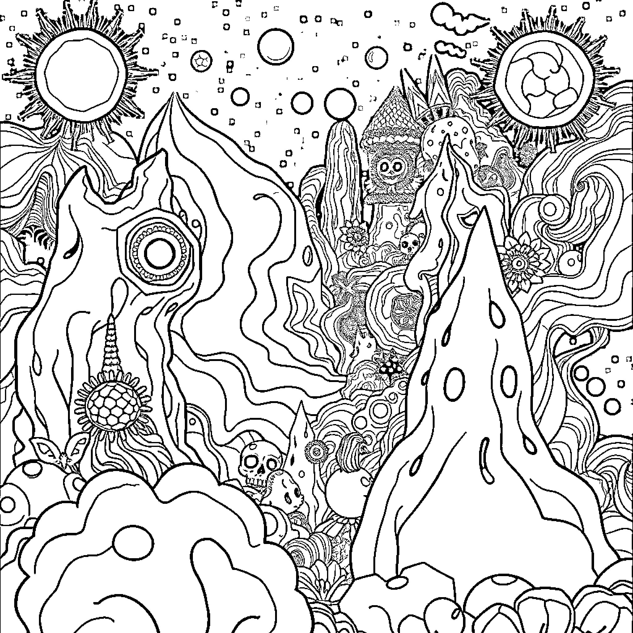 Universe of Fantastical Landscapes and Creatures Coloring Page (free black-and-white line drawing printable PDF for all, from beginners to advanced learners, including children, teens, adults, and seniors)