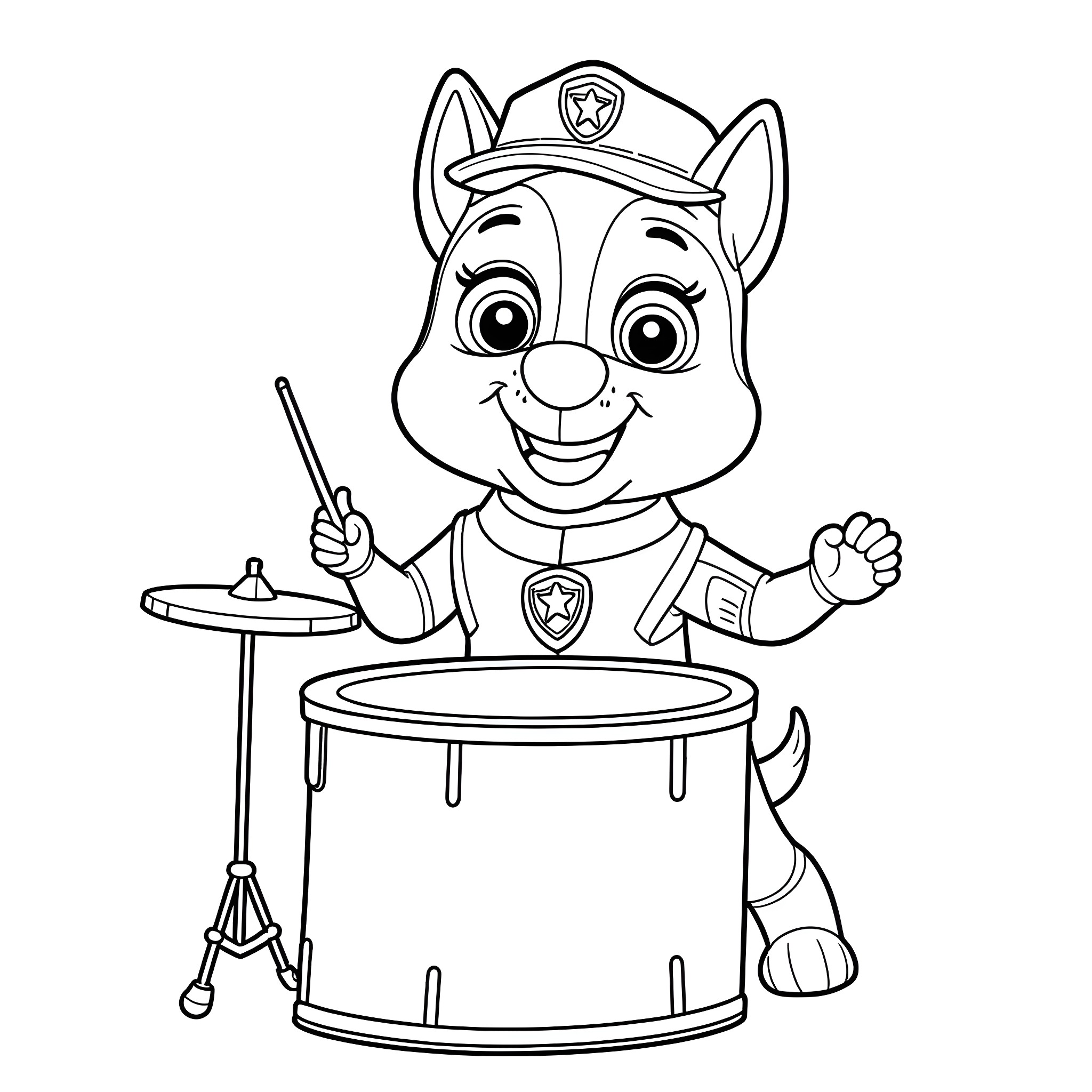 Rocky's Rhythmic Drumming Adventure Coloring Page (free black-and-white line drawing printable PDF for all, from beginners to advanced learners, including children, teens, adults, and seniors)