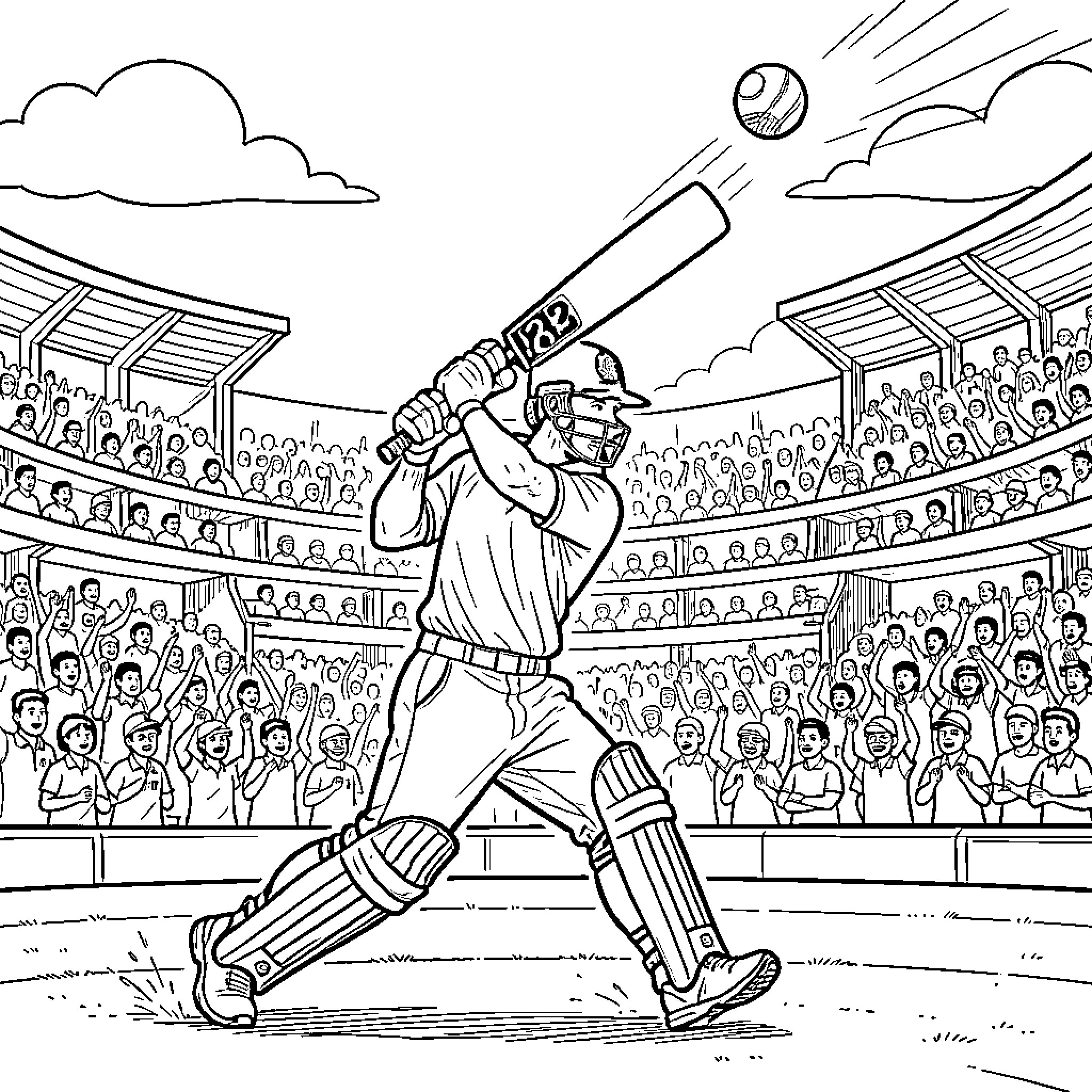 Sachin playing cricket and hitting a ball in stadium Coloring Page (free black-and-white line drawing printable PDF for all, from beginners to advanced learners, including children, teens, adults, and seniors)