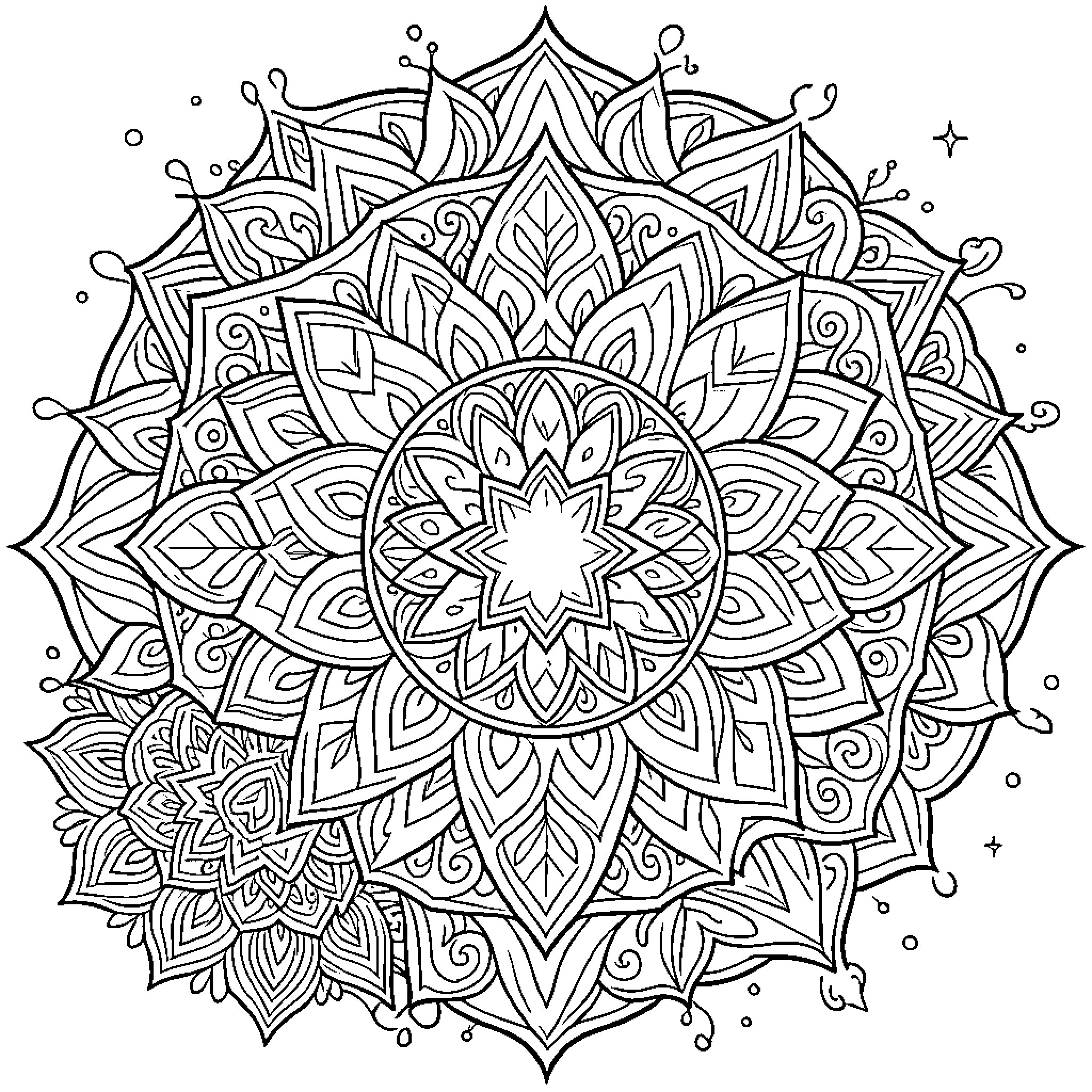 Mandala with intricate floral and geometric patterns Coloring Page (free black-and-white line drawing printable PDF for all, from beginners to advanced learners, including children, teens, adults, and seniors)