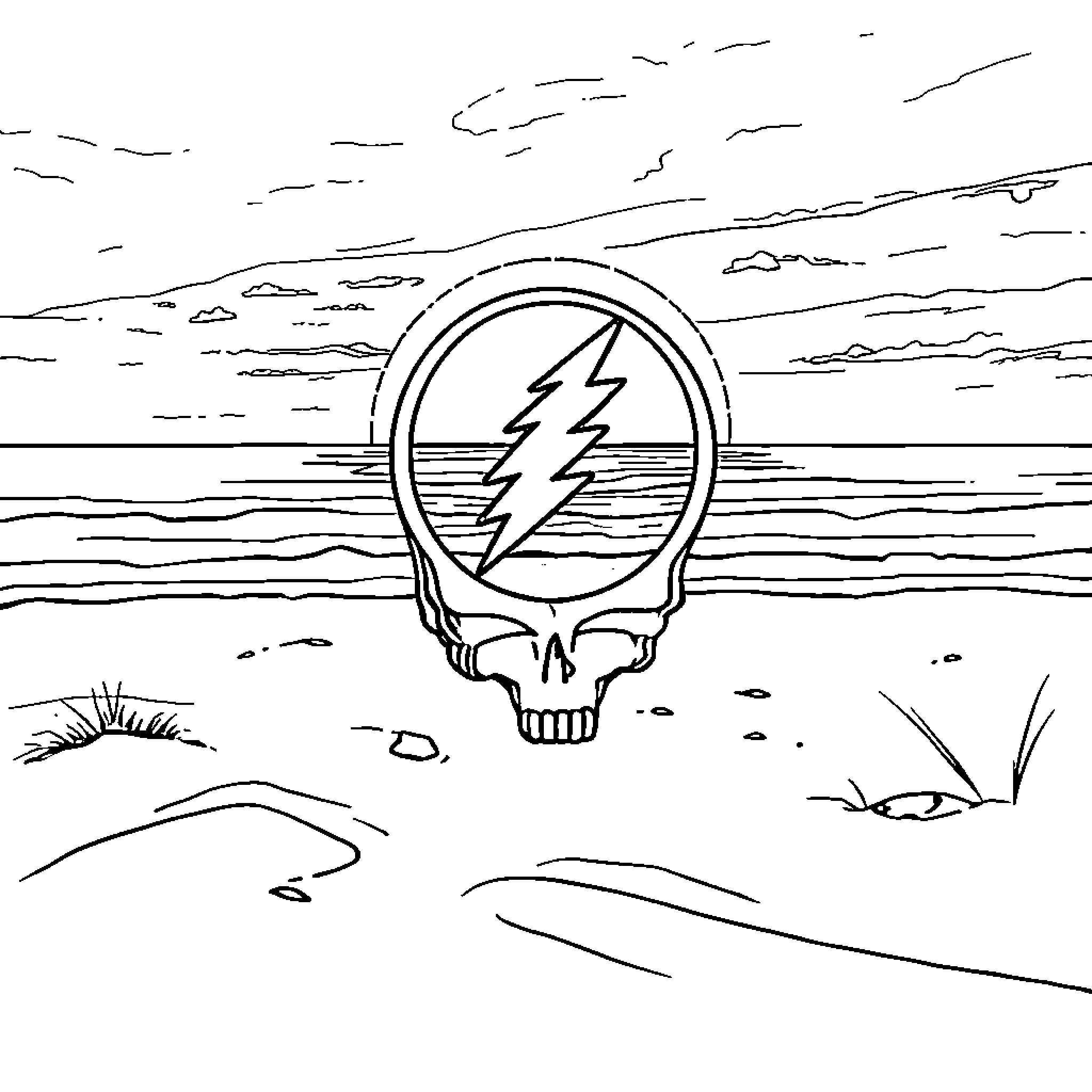 Grateful Dead skull symbol in nature landscape Coloring Page (free black-and-white line drawing printable PDF for all, from beginners to advanced learners, including children, teens, adults, and seniors)