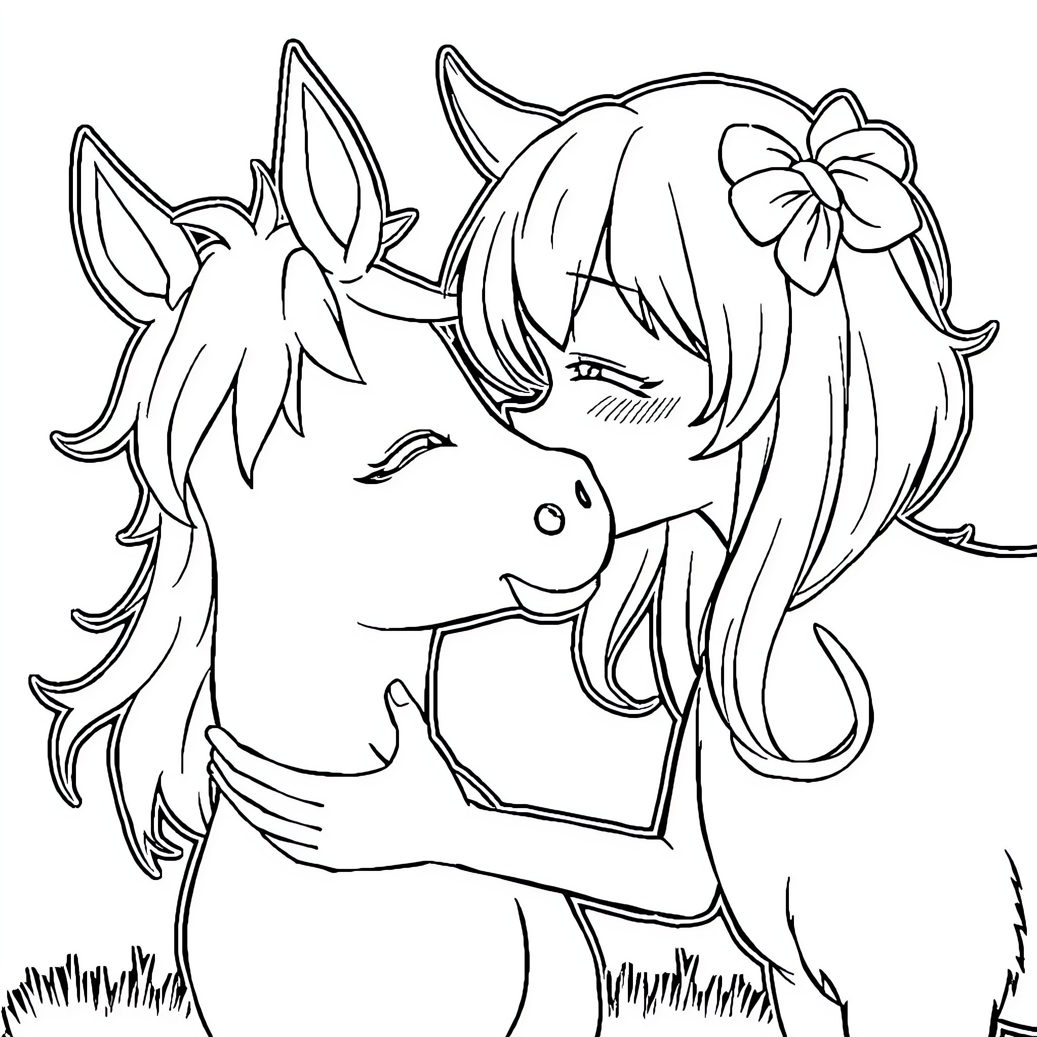 Osaka's Intimate Moment with Adorable Unicorn Coloring Page (free black-and-white line drawing printable PDF for all, from beginners to advanced learners, including children, teens, adults, and seniors)