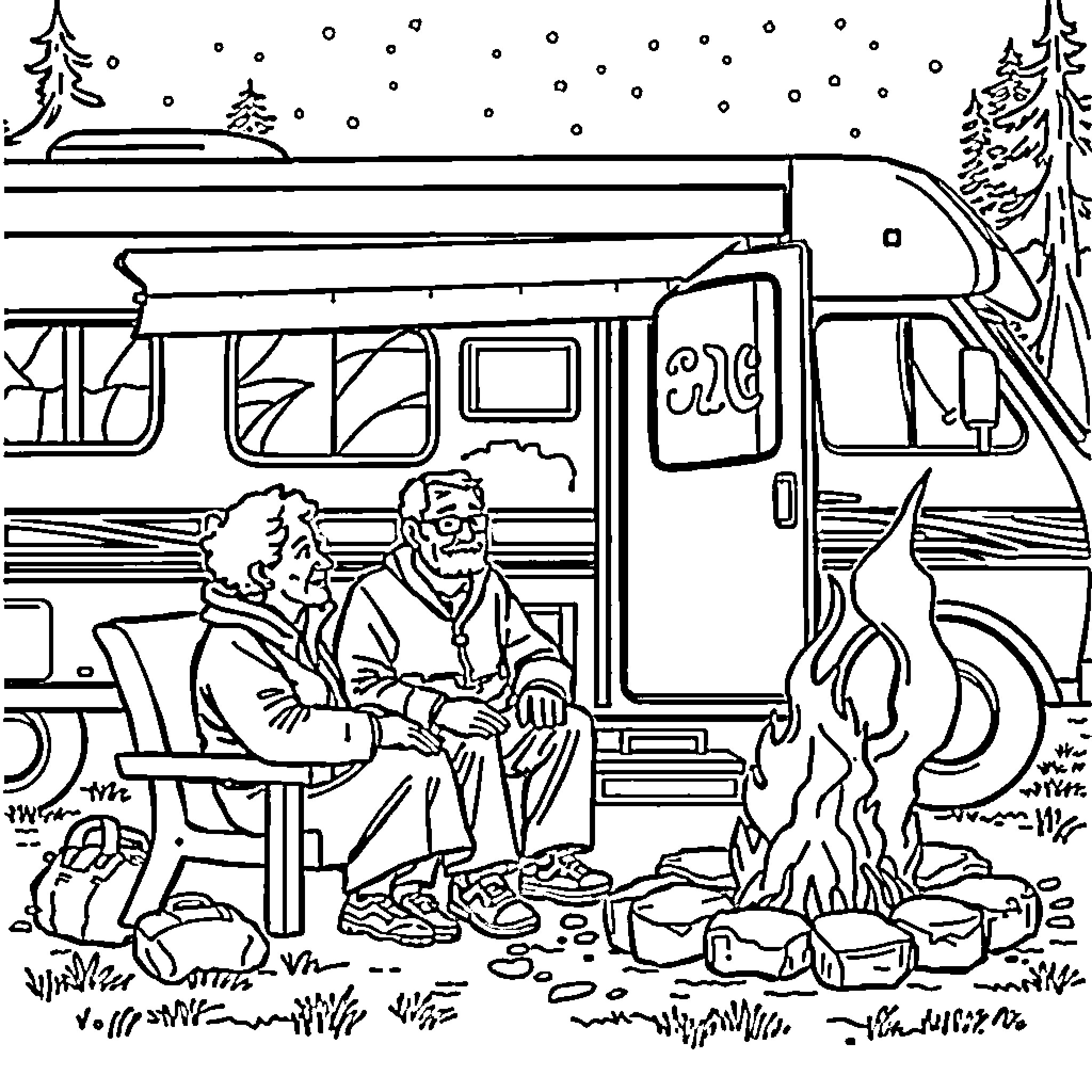 Senior couple enjoying outdoor camping in winter Coloring Page (free black-and-white line drawing printable PDF for all, from beginners to advanced learners, including children, teens, adults, and seniors)