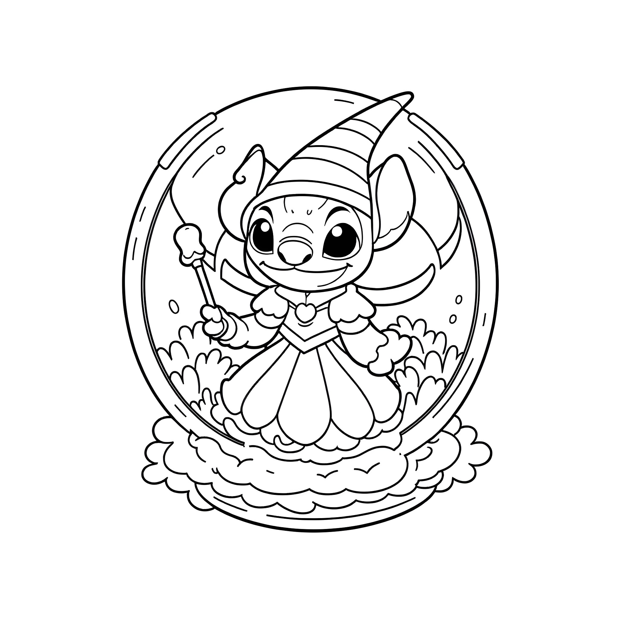 Stitch Dressed in a Party Outfit Coloring Page (free black-and-white line drawing printable PDF for all, from beginners to advanced learners, including children, teens, adults, and seniors)