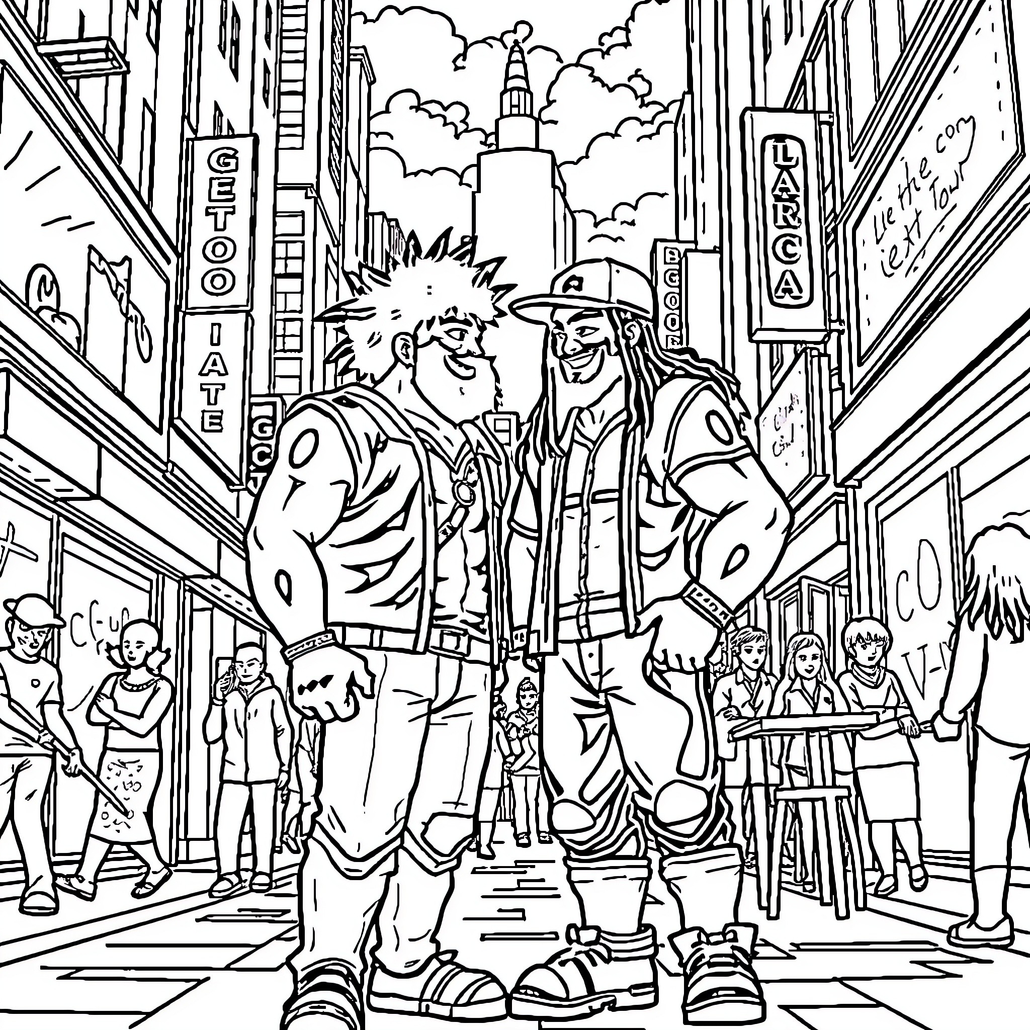 Gojo and Geto's Lively Encounter in the City Coloring Page (free black-and-white line drawing printable PDF for all, from beginners to advanced learners, including children, teens, adults, and seniors)