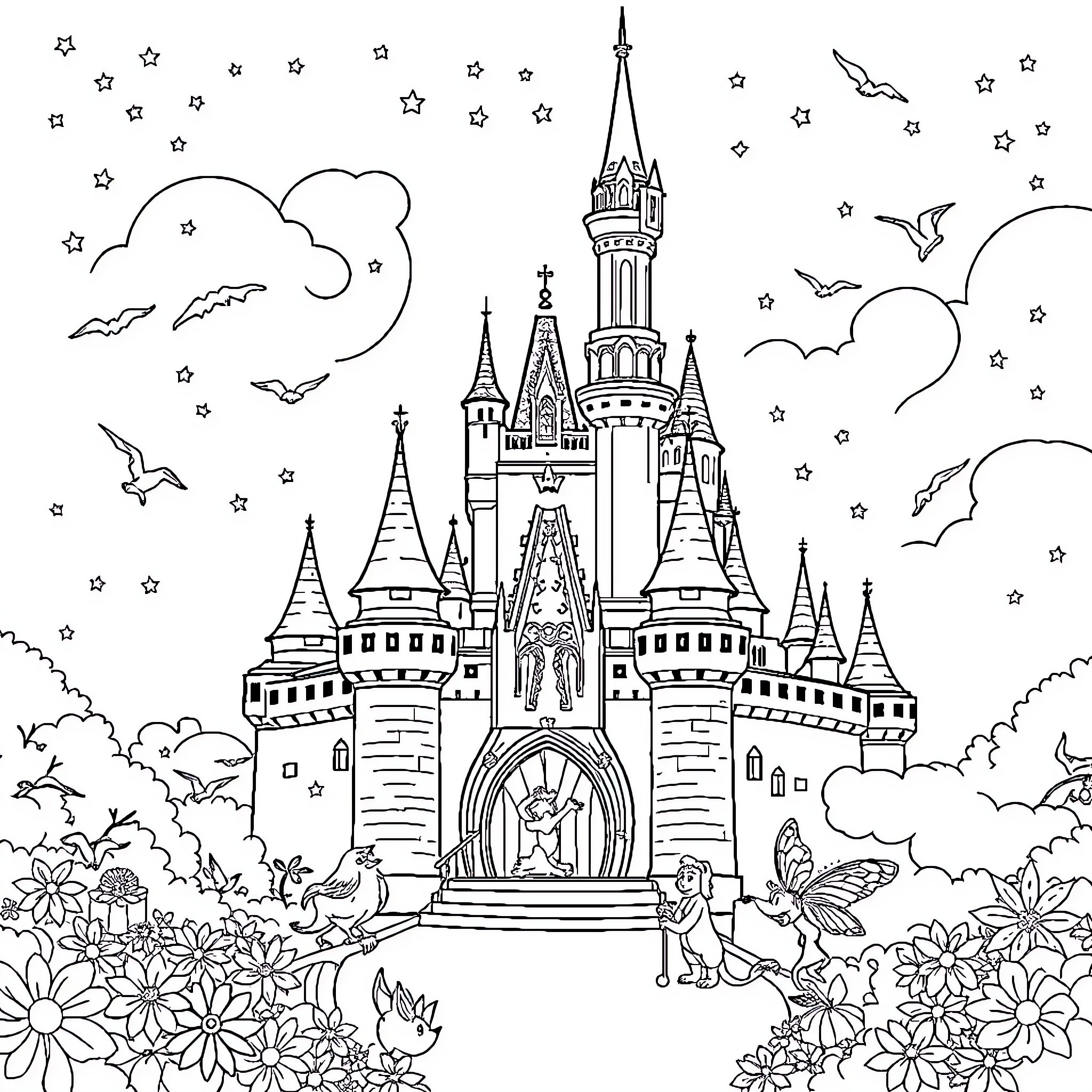 Disney fantasy castle with enchanting details Coloring Page (free black-and-white line drawing printable PDF for all, from beginners to advanced learners, including children, teens, adults, and seniors)