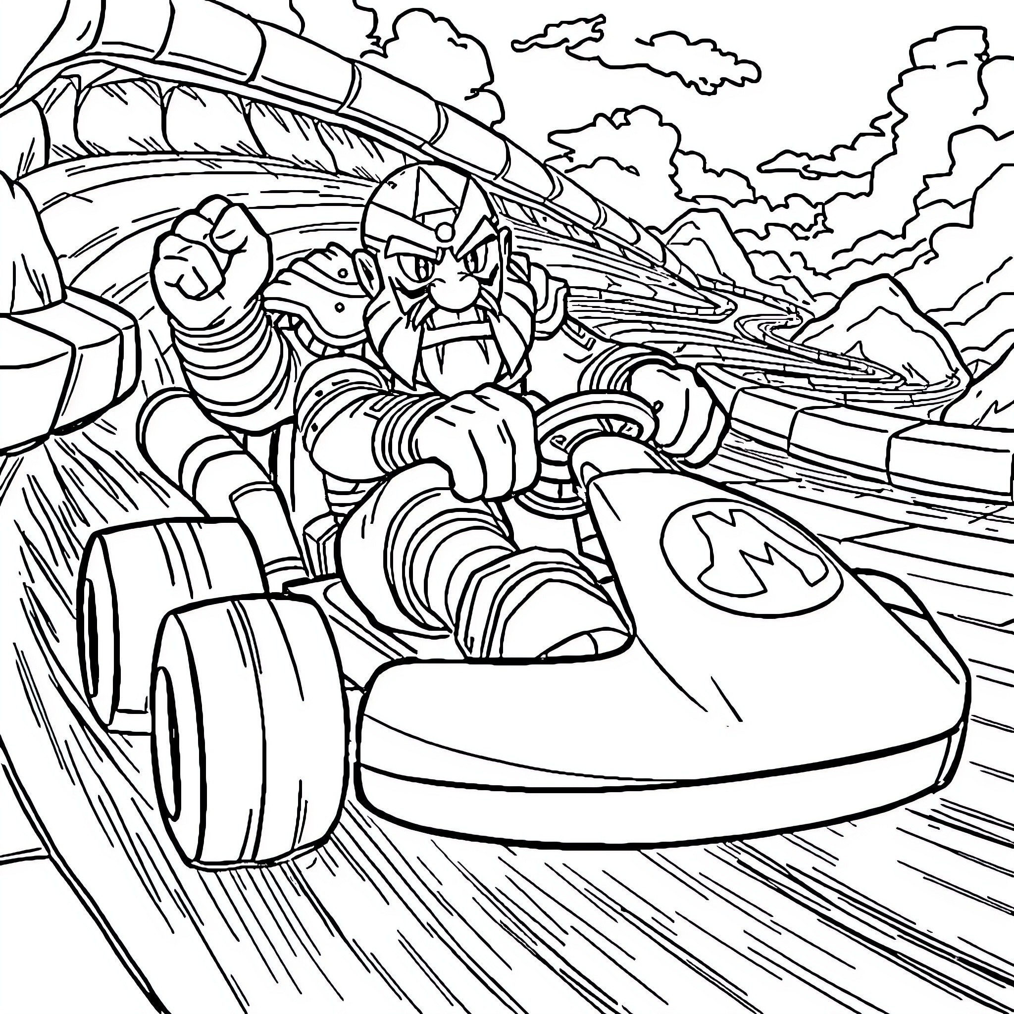 Kratos riding an epic racing vehicle Coloring Page (free black-and-white line drawing printable PDF for all, from beginners to advanced learners, including children, teens, adults, and seniors)