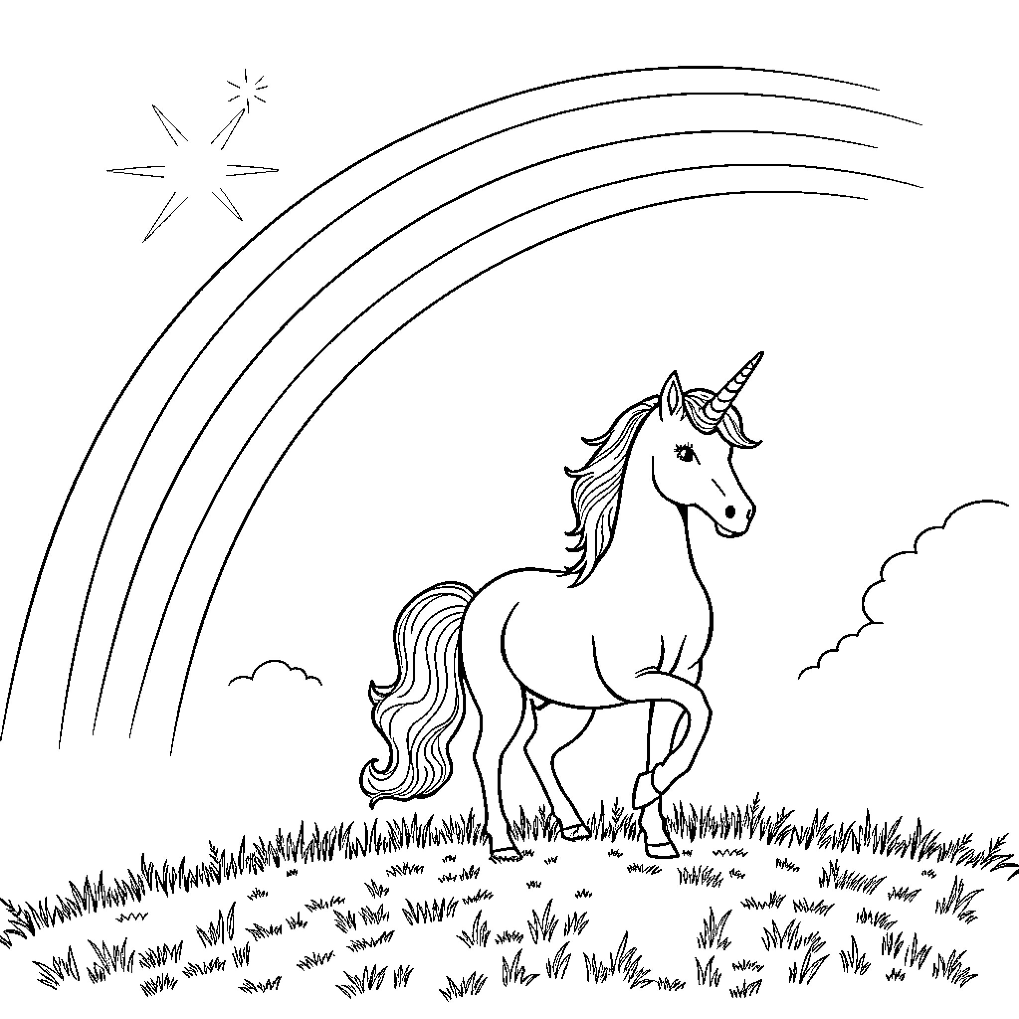 Unicorn in magical field under a shooting star Coloring Page (free black-and-white line drawing printable PDF for all, from beginners to advanced learners, including children, teens, adults, and seniors)