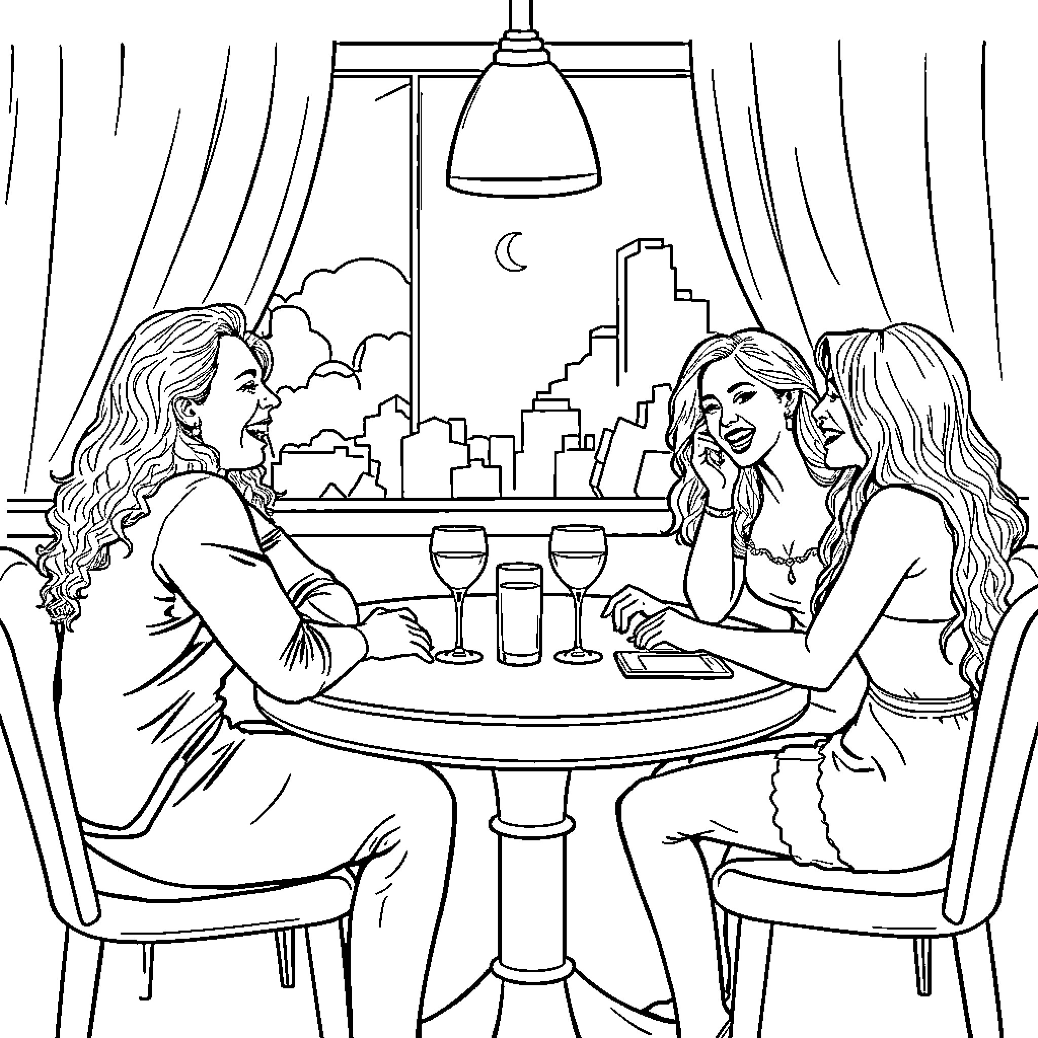 Beyonce and friends enjoying a night out in the city Coloring Page (free black-and-white line drawing printable PDF for all, from beginners to advanced learners, including children, teens, adults, and seniors)