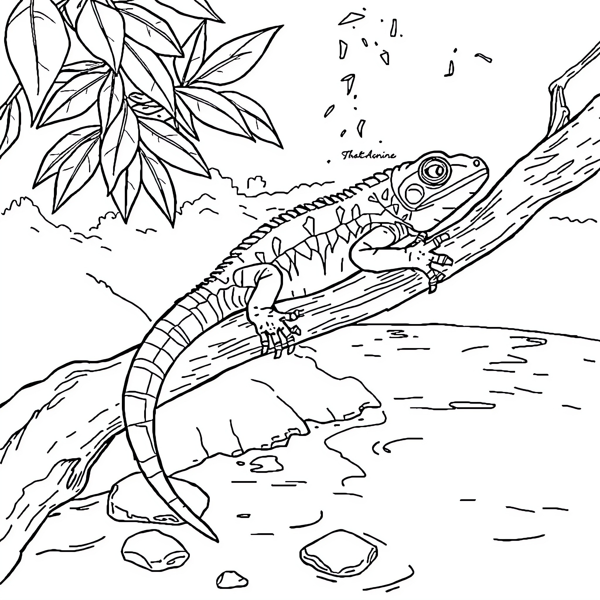 Gecko exploring the natural landscape Coloring Page (free black-and-white line drawing printable PDF for all, from beginners to advanced learners, including children, teens, adults, and seniors)