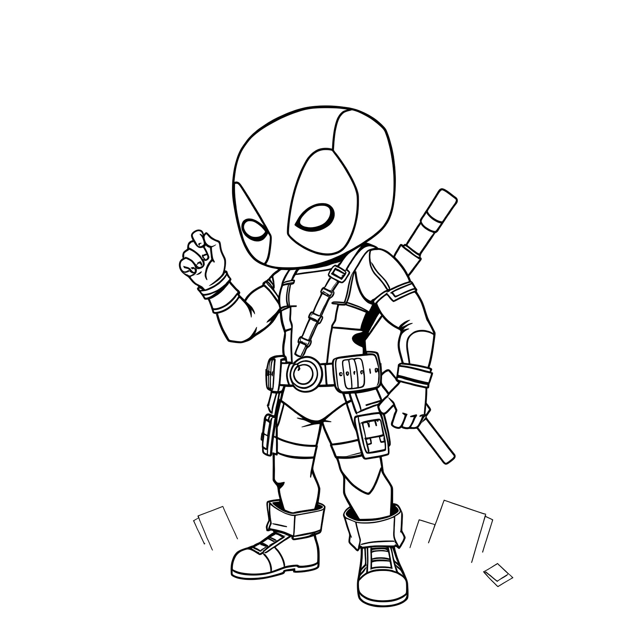 Deadpool taking a heroic pose with weapons Coloring Page (free black-and-white line drawing printable PDF for all, from beginners to advanced learners, including children, teens, adults, and seniors)