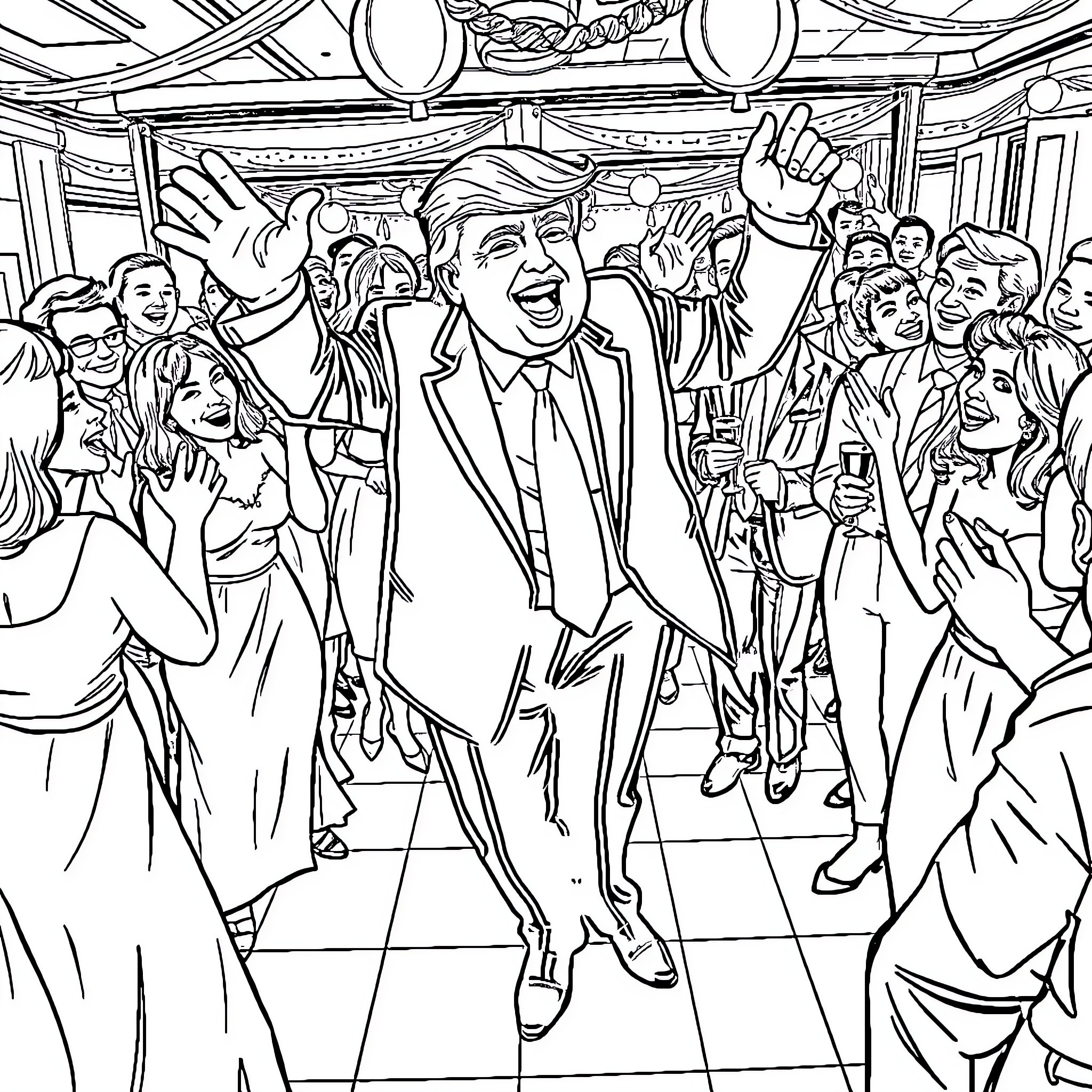 Trump celebrating amidst a crowd of supporters Coloring Page (free black-and-white line drawing printable PDF for all, from beginners to advanced learners, including children, teens, adults, and seniors)