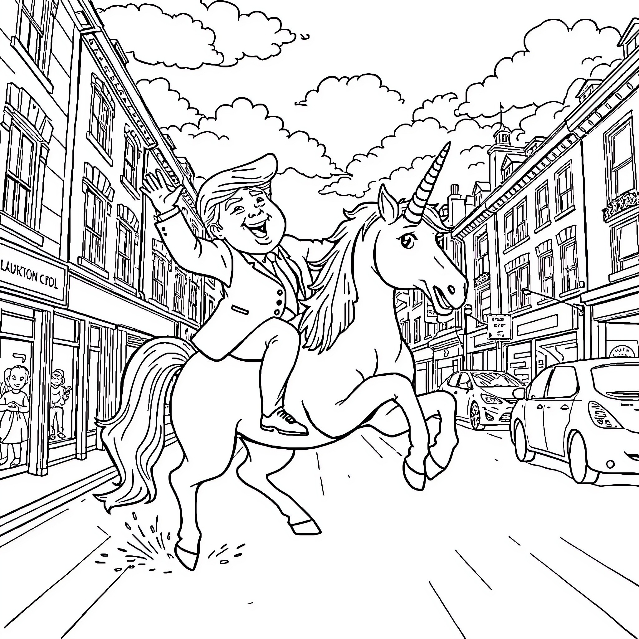 Donald Trump riding a unicorn in a city street Coloring Page (free black-and-white line drawing printable PDF for all, from beginners to advanced learners, including children, teens, adults, and seniors)