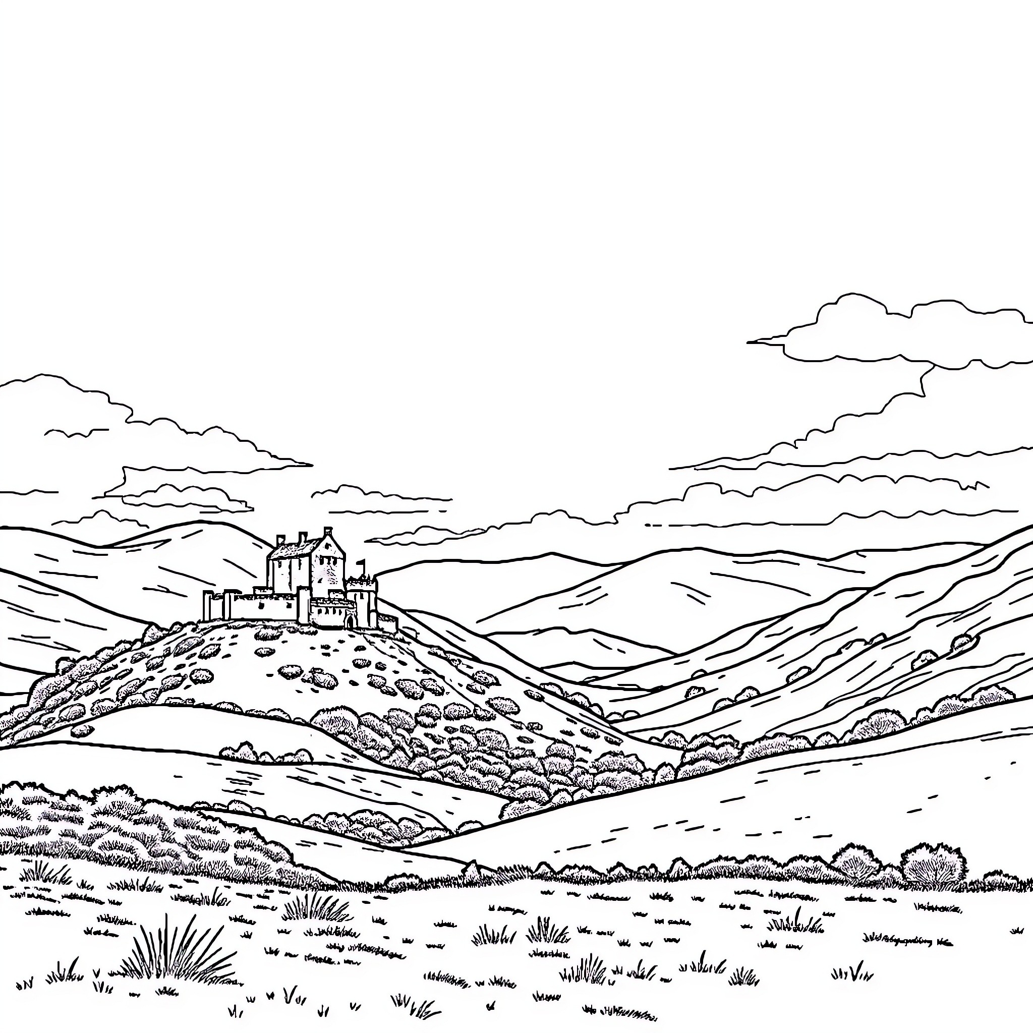 Scotland's Scenic Countryside with Majestic Castle Coloring Page (free black-and-white line drawing printable PDF for all, from beginners to advanced learners, including children, teens, adults, and seniors)