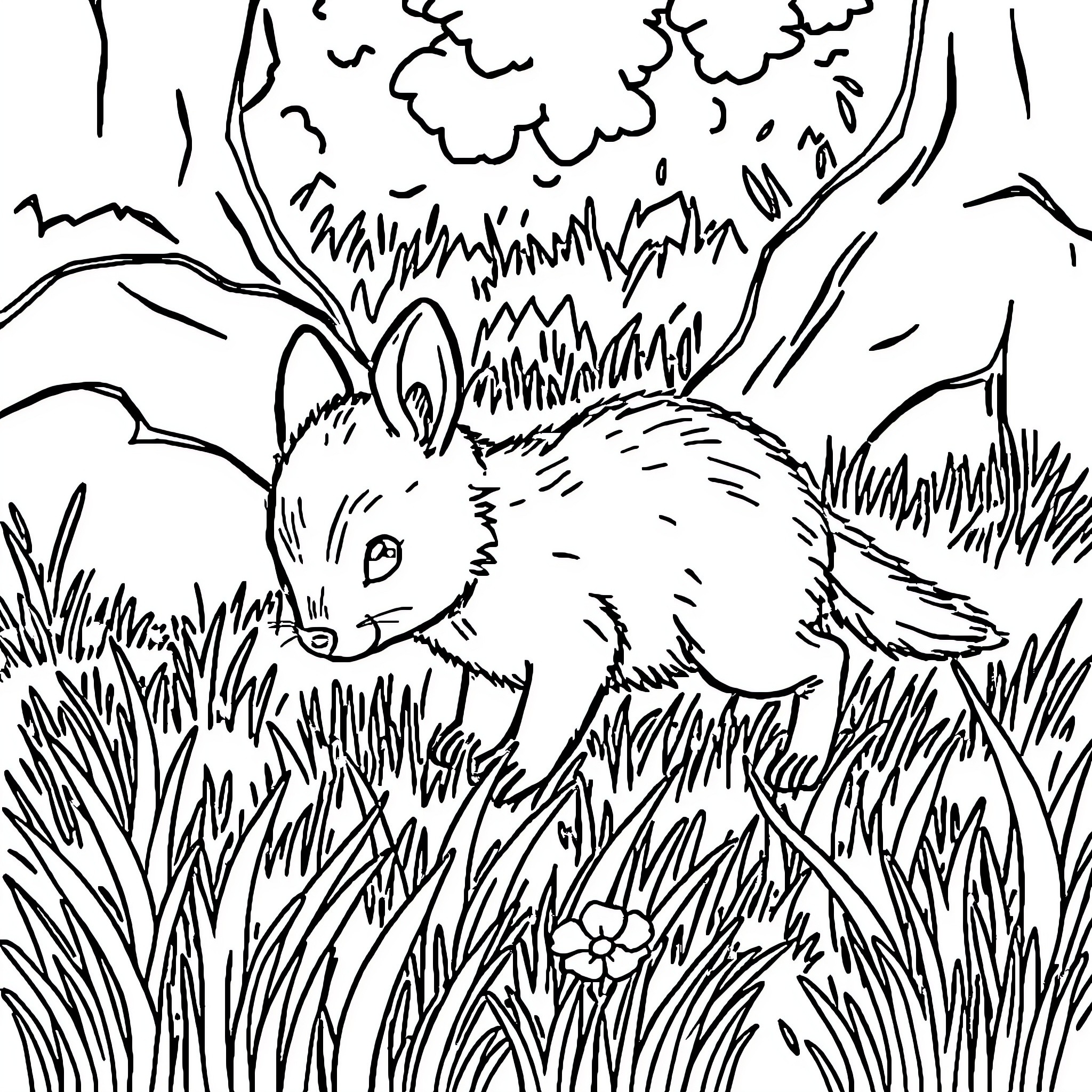 Animal exploring the lush forest landscape Coloring Page (free black-and-white line drawing printable PDF for all, from beginners to advanced learners, including children, teens, adults, and seniors)
