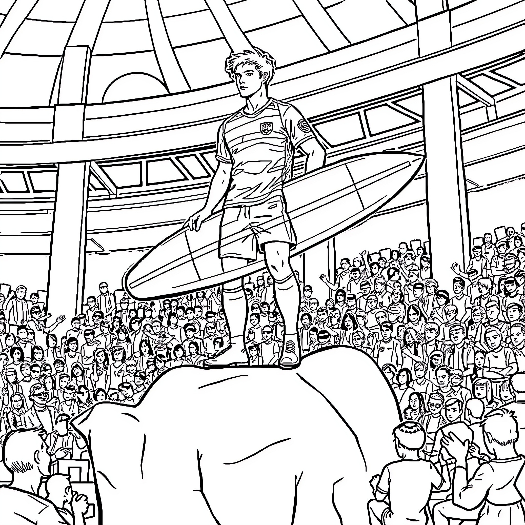 Footballeur celebrating victory in stadium Coloring Page (free black-and-white line drawing printable PDF for all, from beginners to advanced learners, including children, teens, adults, and seniors)