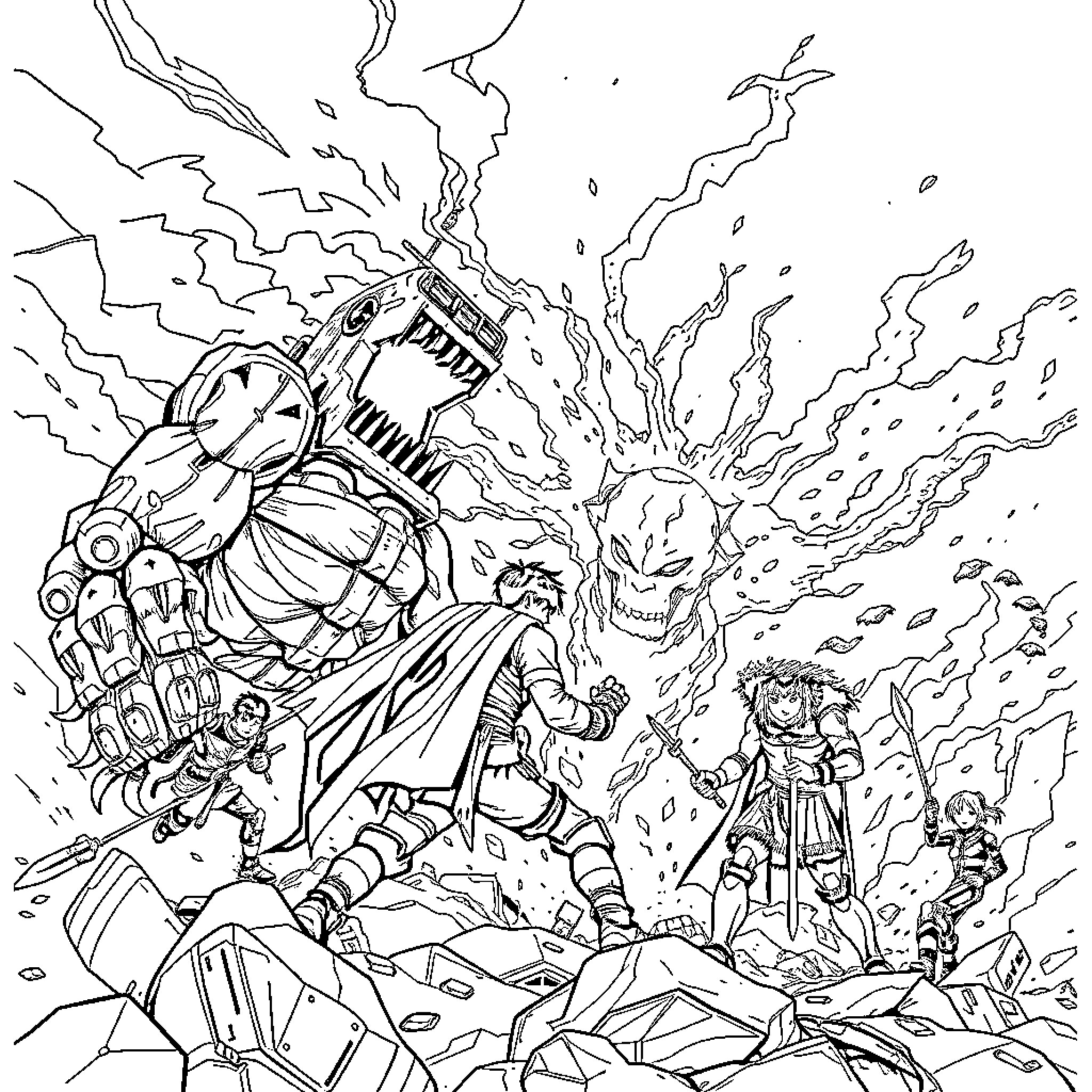 Attack on Titan: Intense Battle Amidst Chaos Coloring Page (free black-and-white line drawing printable PDF for all, from beginners to advanced learners, including children, teens, adults, and seniors)