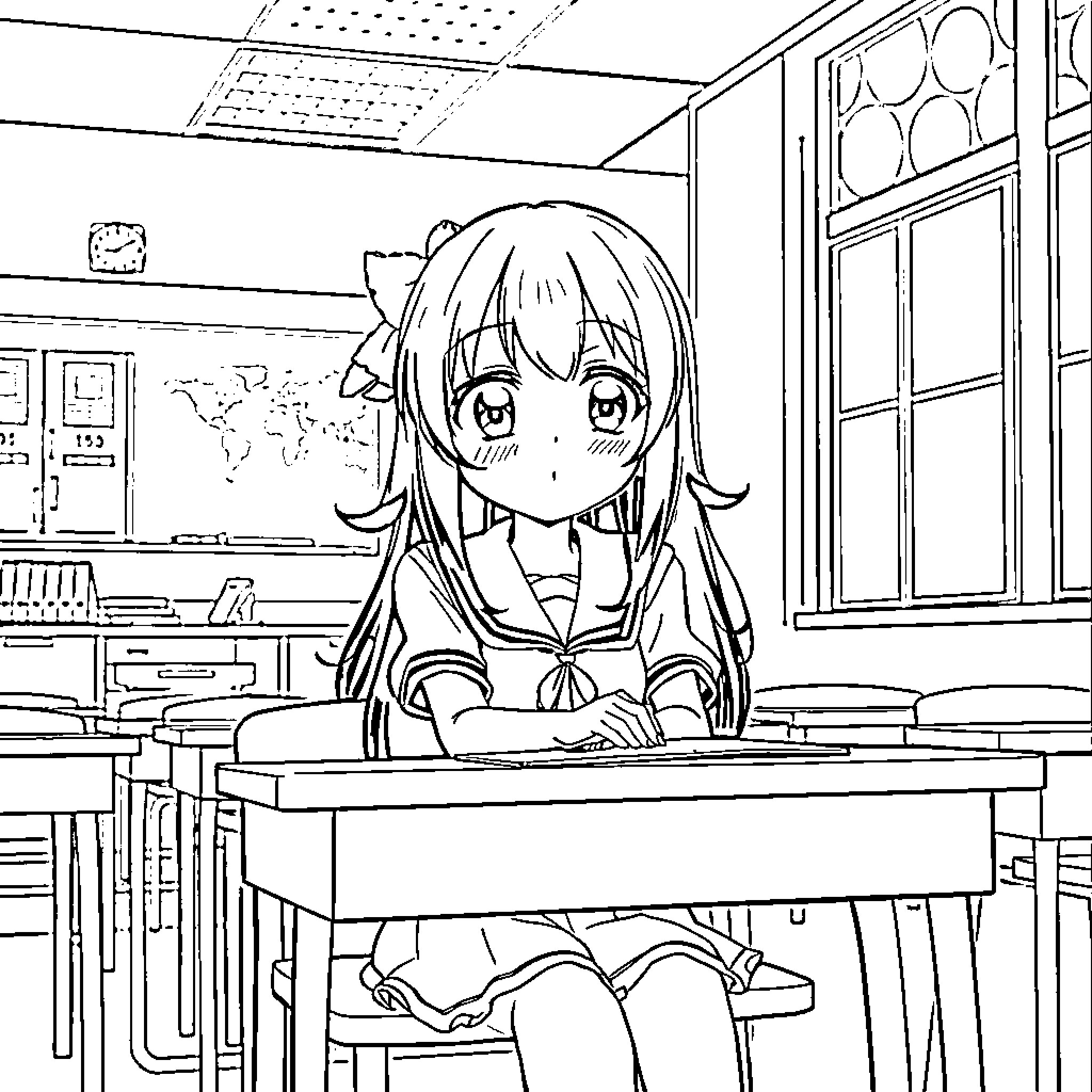 Kuromi studying diligently in the classroom Coloring Page (free black-and-white line drawing printable PDF for all, from beginners to advanced learners, including children, teens, adults, and seniors)