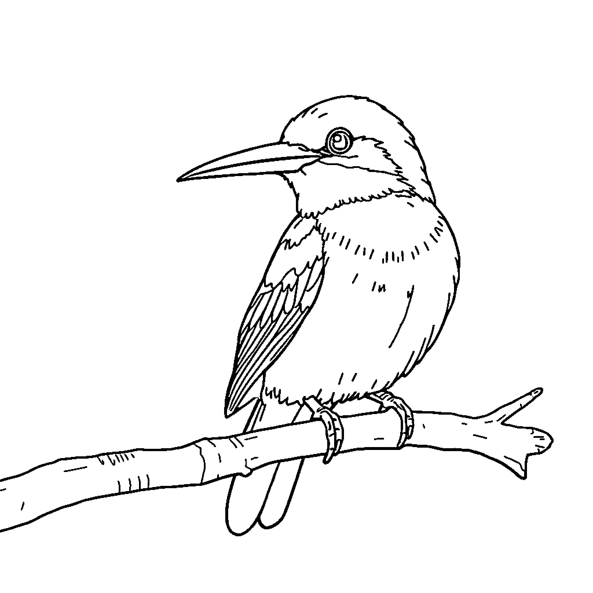 Bird perched on a branch in black and white Coloring Page (free black-and-white line drawing printable PDF for all, from beginners to advanced learners, including children, teens, adults, and seniors)