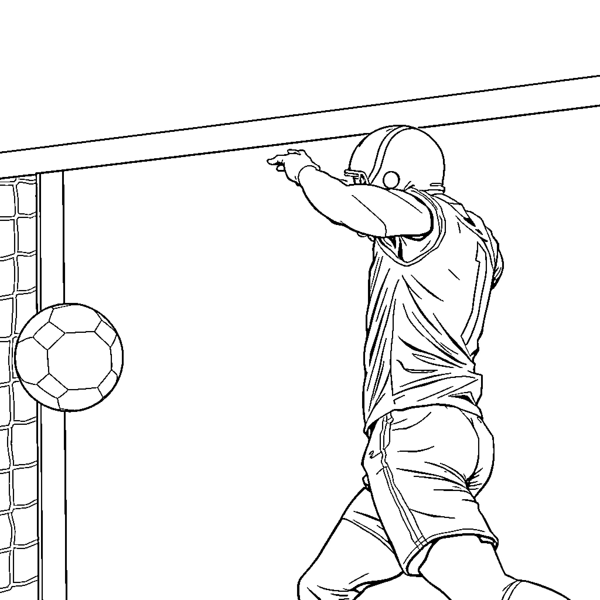 Football Player Taking a Shot at the Goal Coloring Page (free black-and-white line drawing printable PDF for all, from beginners to advanced learners, including children, teens, adults, and seniors)
