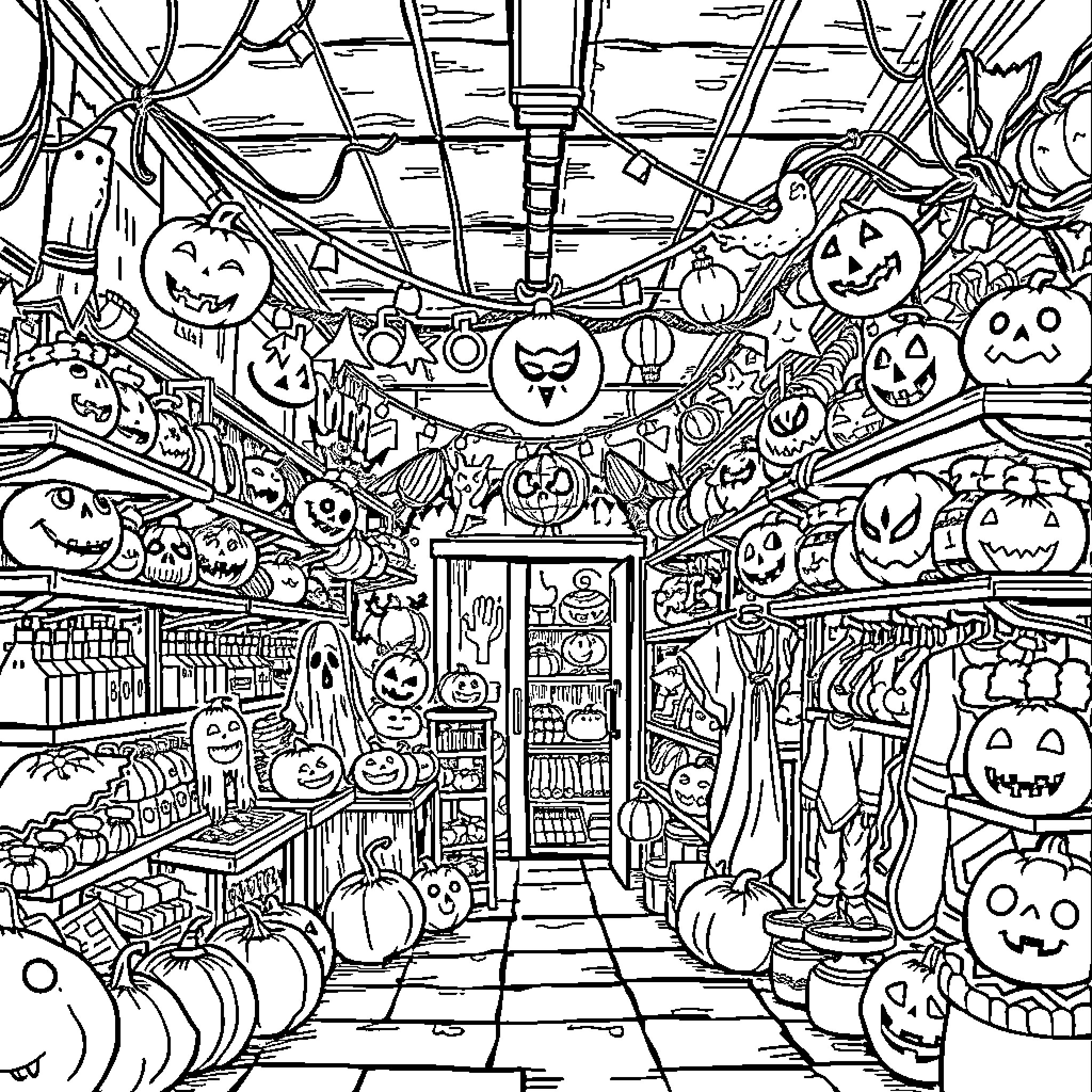 Halloween Store Packed with Festive Decorations and Costumes Coloring Page (free black-and-white line drawing printable PDF for all, from beginners to advanced learners, including children, teens, adults, and seniors)