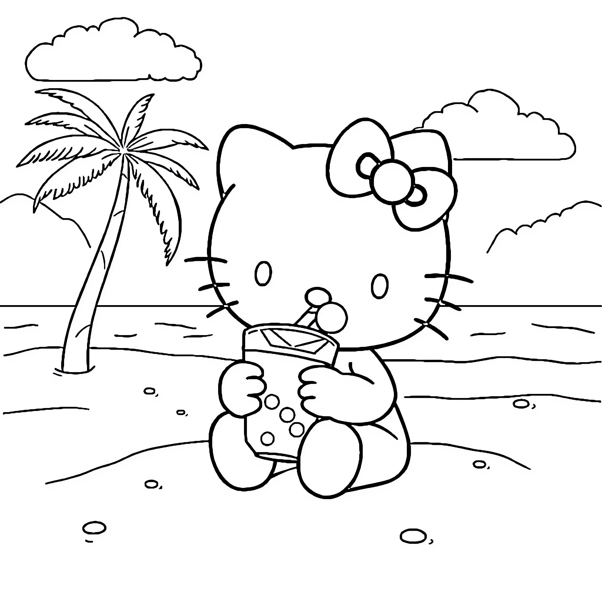 Hello Kitty relaxing on the beach Coloring Page (free black-and-white line drawing printable PDF for all, from beginners to advanced learners, including children, teens, adults, and seniors)