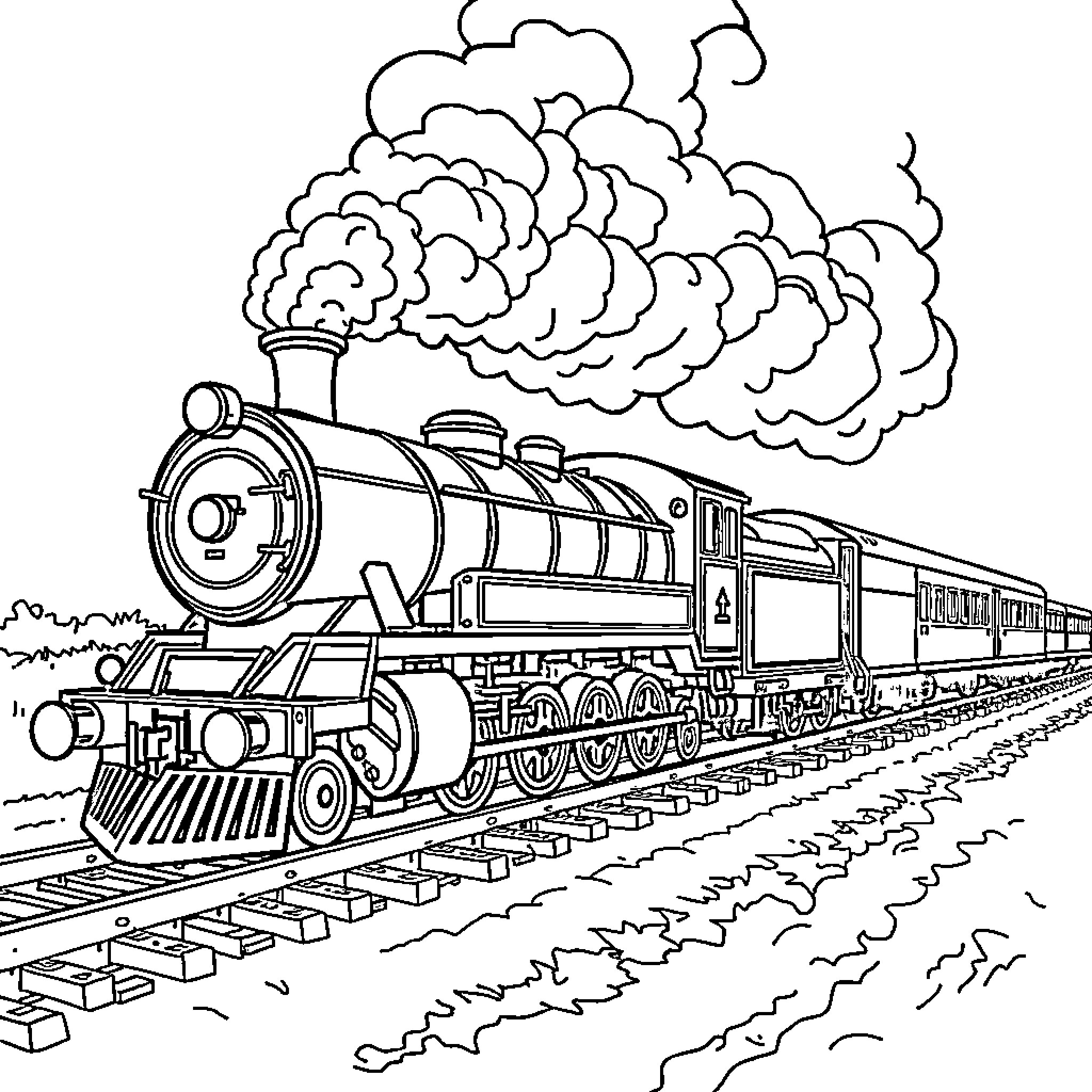 Steam Train Chugging Across the Tracks Coloring Page (free black-and-white line drawing printable PDF for all, from beginners to advanced learners, including children, teens, adults, and seniors)