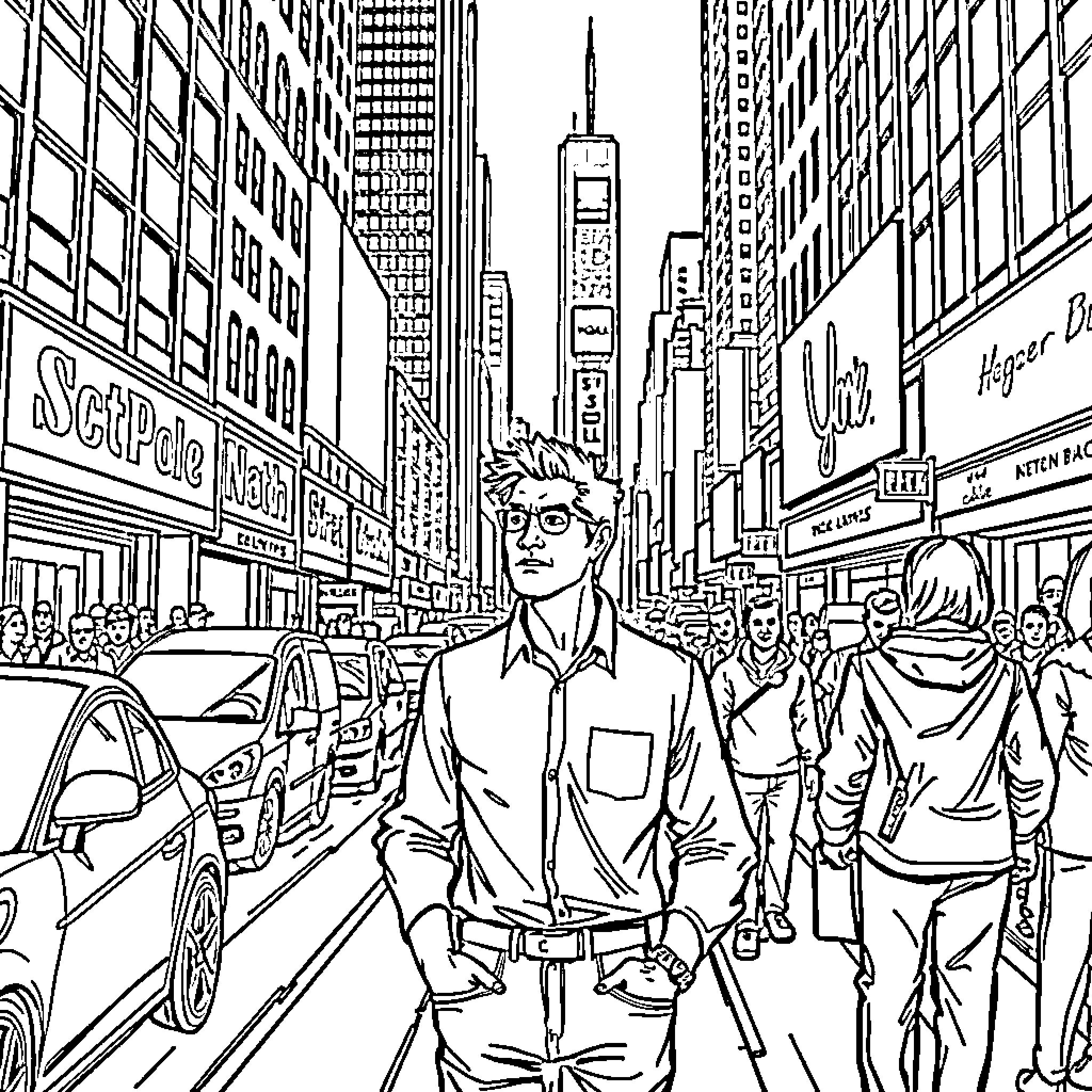 Man walking confidently through a bustling city street Coloring Page (free black-and-white line drawing printable PDF for all, from beginners to advanced learners, including children, teens, adults, and seniors)