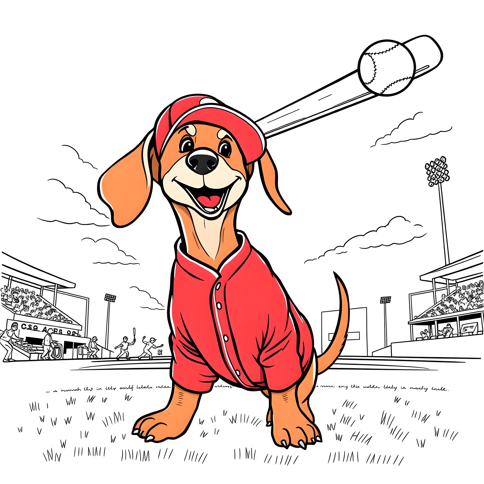 Dachshund playing baseball in a stadium Coloring Page (free black-and-white line drawing printable PDF for all, from beginners to advanced learners, including children, teens, adults, and seniors)